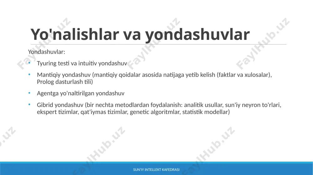un'iy intellekt kafedrasi tanlanma ko'rinishlari: strukturalangan: qatorlar, ustunlar ko'rinishida, relatsion bb ko'rinishida; son, satr, sana; kam hajm, boshqarish oson. strukturalanmagan: qatorlar, ustunlar ko'rinishida, relatsion bb ko'rinishida ifodalab bo'lmaydi; rasm, ovoz, video, matn va h.k.; katta o'lcham, boshqarish qiyin. tanlanma sun'iy intellekt kafedrasi mashinali o'rgatish usullari sun'iy intellekt kafedrasi supervised learning sun'iy intellekt kafedrasi o'qituvchi bilan o'rgatish (supervised learning) – har bir presedent uchun "holat, kerakli yechim" juftligi beriladi. bu modelni xususiyatlari aniq bo’lgan ma’lumotlar bilan o’qitish; what is supervised learning? sun'iy intellekt kafedrasi 1. classification - supervised learning sun'iy intellekt kafedrasi 2. regression - supervised learning sun'iy intellekt kafedrasi keling, ikkita o'zgaruvchini ko'rib chiqaylik - namlik va harorat. bu yerda "harorat" mustaqil o'zgaruvchidir va "namlik" bog'liq o'zgaruvchidir. agar harorat ko'tarilsa, namlik pasayadi. ushbu ikki o'zgaruvchi modelga beriladi va mashina ular orasidagi munosabatni o'rganadi. mashina o'qitilgandan so'ng, u berilgan harorat asosida namlikni osongina bashorat qilishi mumkin. real-life applications of supervised learning …