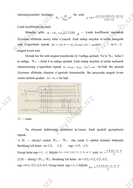 bo’ladi. bundan bo’ladi. magnit kvant soni qiymatlar qabul qiladi. spin kvant soni esa yoki -1/2 ga teng. oxirgi tenglamadan sm-1 o’lchamdagi siljish ga teng bo’ladi. endi va tanlash qoidalarini inobatga olsak siljish ; ga teng bo’ladi. bu biz aytgan oddiy lorens tripletining o’zidir. adabiyotlar 1. a.a.detlaf, b.m.yavorskiy. kurs fiziki. m.: visshaya shkola", 2000, gl. 46. 2. a.i.naumov. fizika atomnogo yadra i elementarnix chastits. m.: prosveùeniya 1984, gl. viii. 3. fundamentalnaya struktura materii. m.: "mir", 1984. 173-204. 4. i.v.savelev. kurs obshey fiziki, kniga 5. kvantovaya optika, atomnaya fizika, fizika tverdogo tela, fizika atomnogo yadra i elementarnix chastits. 1998. 5. o.axmadjonov. fizika kursi. iiiq. t.1989, 6. r.bekjonov. yadro fizikasi. t. "o'qituvchi", 1975. ix bob, 213-260 b. 7. www.ziyonet.uz _1192776023.unknown _1192777457.unknown _1192778318.unknown _1221043239.unknown _1221043272.unknown _1221043538.unknown _1221043786.unknown _1221043257.unknown _1192778428.unknown _1192778561.unknown _1192778679.unknown _1221043215.unknown _1192778631.unknown _1192778524.unknown _1192778359.unknown _1192777945.unknown _1192778163.unknown _1192778269.unknown _1192778080.unknown _1192777704.unknown _1192777882.unknown _1192777468.unknown _1192776640.unknown _1192777232.unknown _1192777410.unknown _1192777442.unknown _1192777386.unknown _1192776946.unknown _1192777009.unknown _1192776706.unknown _1192776256.unknown _1192776376.unknown _1192776580.unknown _1192776350.unknown …