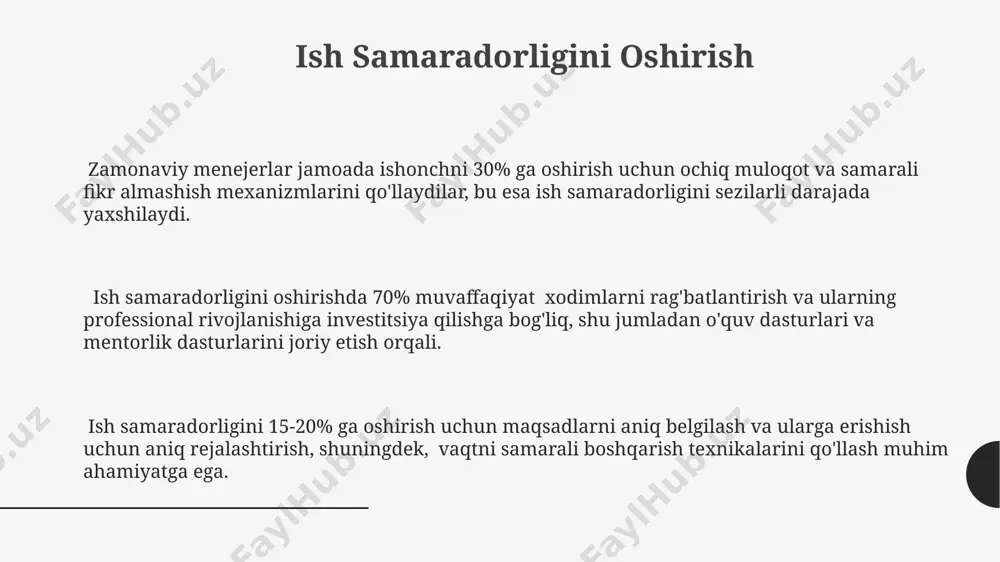 oatni loyiha boshqaruv dasturlari (jira, asana) orqali vazifalarni taqsimlash va monitoring qilishga sarflaydilar. muloqot va aloqa zamonaviy menejerlar uchun samarali muloqot 70% ga yaqin muvaffaqiyatga olib keladi, shuning uchun aloqa ko'nikmalarini rivojlantirishga 30% dan ortiq vaqt ajratish kerak. "muloqot va aloqa" ta'limi menejerlarning ishlash samaradorligini 25% ga oshirishi mumkin, bu esa 5-10% xodimlar aylanmasining pasayishiga olib keladi. muloqot va aloqa jarayonida nol toqatsizlik siyosati qo'llanilishi, jumladan, konstruktiv tanqid va fikr almashinuviga 100% ochiqlik muhim ahamiyatga ega. jamoa boshqaruvi va hamkorlik loyihalarni muvaffaqiyatli amalga oshirish uchun jamoa ichidagi muloqot kanallarini optimal darajada tashkil etish, xatolar sonini 15% ga kamaytirishga va ishlash samaradorligini oshirishga yordam beradi. jamoa a'zolarining o'zaro hamkorligini kuchaytirish uchun "5 why" tahlili kabi vositalardan foydalanish, muammolarni 80% ga qadar tezroq aniqlash va hal qilish imkonini beradi. zamonaviy jamoa boshqaruvida 3 dan ortiq xodimlarga ega bo'lgan komandalar uchun samaradorlikni oshirish maqsadida agile metodologiyalaridan foydalanish 20% ga ko'proq natijaga olib kelishi …