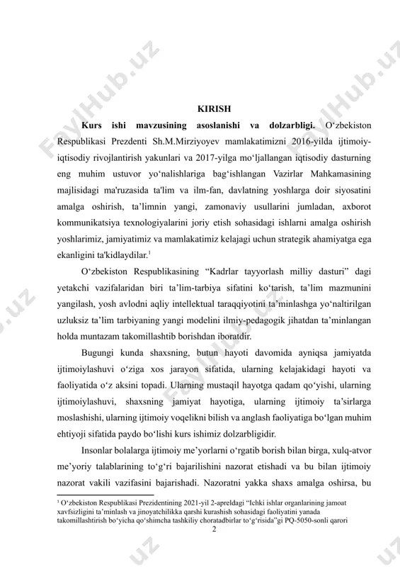 ifatini ko‘tarish, ta’lim mazmunini yangilash, yosh avlodni aqliy intellektual taraqqiyotini ta’minlashga yo‘naltirilgan uzluksiz ta’lim tarbiyaning yangi modelini ilmiy-pedagogik jihatdan ta’minlangan holda muntazam takomillashtib borishdan iboratdir. bugungi kunda shaxsning, butun hayoti davomida ayniqsa jamiyatda ijtimoiylashuvi oʻziga xos jarayon sifatida, ularning kelajakidagi hayoti va faoliyatida oʻz aksini topadi. ularning mustaqil hayotga qadam qoʻyishi, ularning ijtimoiylashuvi, shaxsning jamiyat hayotiga, ularning ijtimoiy ta’sirlarga moslashishi, ularning ijtimoiy voqelikni bilish va anglash faoliyatiga boʻlgan muhim ehtiyoji sifatida paydo boʻlishi kurs ishimiz dolzarbligidir. insonlar bolalarga ijtimoiy me’yorlarni o‘rgatib borish bilan birga, xulq-atvor me’yoriy talablarining to‘g‘ri bajarilishini nazorat etishadi va bu bilan ijtimoiy nazorat vakili vazifasini bajarishadi. nazoratni yakka shaxs amalga oshirsa, bu ivdividual tavsifga ega bo‘ladi, agar butun bir jamoa, oila, do‘stlar, maktab, mahalla (qo‘ni-qo‘shnilar) tomonidan amalga oshirilib kelinayotganligi kurs ishimiz asoslanishi hisoblanadi. kurs ishing obyekti va predmeti. kurs ishimizning obyekti – bolalarda deviant xulqning yengib o‘tishda oilaning o‘rni bo‘la olsa, kurs ishining predmeti – ushbu kichik …