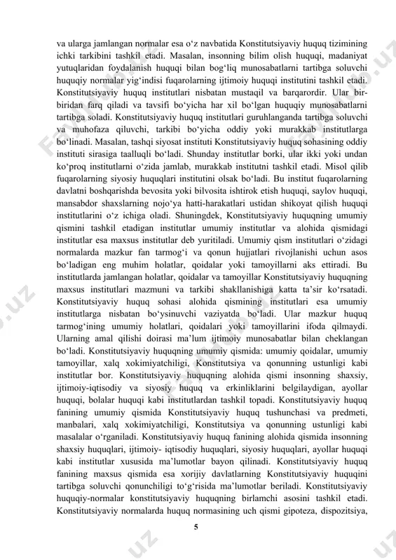 jatlarini qo‘llashda ziddiyatlardan holi bo‘lish imkonini beradi. 2-§. o‘zbekiston respublikasi konstitutsiyaviy huquqining obyekti va subyektlari o‘zbekiston respublikasi konstitutsiyaviy huquqining obyekti – konstitutsiyaviy huquq normalari tomonidan tartibga solinadigan ijtimoiy munosabatlar hisoblanadi. konstitutsiyaviy huquq obyektiga quyidagi ijtimoiy munosabatlarni tartibga soluvchi konstitutsiyaviy normalar kiradi: birinchidan, konstitutsiyaviy huquqning asosiy prinsiplari; ikkinchidan, davlat hokimiyatini tashkil etish va amalga oshirish. uchyinchidan, inson huquqini himoya qilish va ta’minlash. konstitutsiyaviy huquqning obyekti, avvalambor, konstitutsiyaviy huquq tushunchasini berishga imkon yaratadi. bunda konstitutsiyaviy huquq tushunchasi uning asosiy institutlarini ochib berish yo‘li bilan beriladi. o‘zbekiston respublikasi konstitutsiyaviy huquqi subyektlari konstitutsiyaviy huquq normalari bilan tartibga solinadigan hamda muayyan huquq va majburiyatlarga ega jismoniy va yuridik shaxslar hisoblanadi. konstitutsiyaviy huquq subyektlarini ikki katta guruhga bo‘lish mumkin: birinchi guruh: jismoniy shaxslar. har bir davlatda har bir shaxs muayyan huquqiy maqomga ega bo‘ladi va bu maqom, avvalambor, konstitutsiyaviy huquq normalari bilan belgilanadi. shaxs o‘z huquqiy maqomiga ko‘ra, fuqaro, chet ellik yoki fuqaroligi bo‘lmagan shaxs bo‘lishi …
