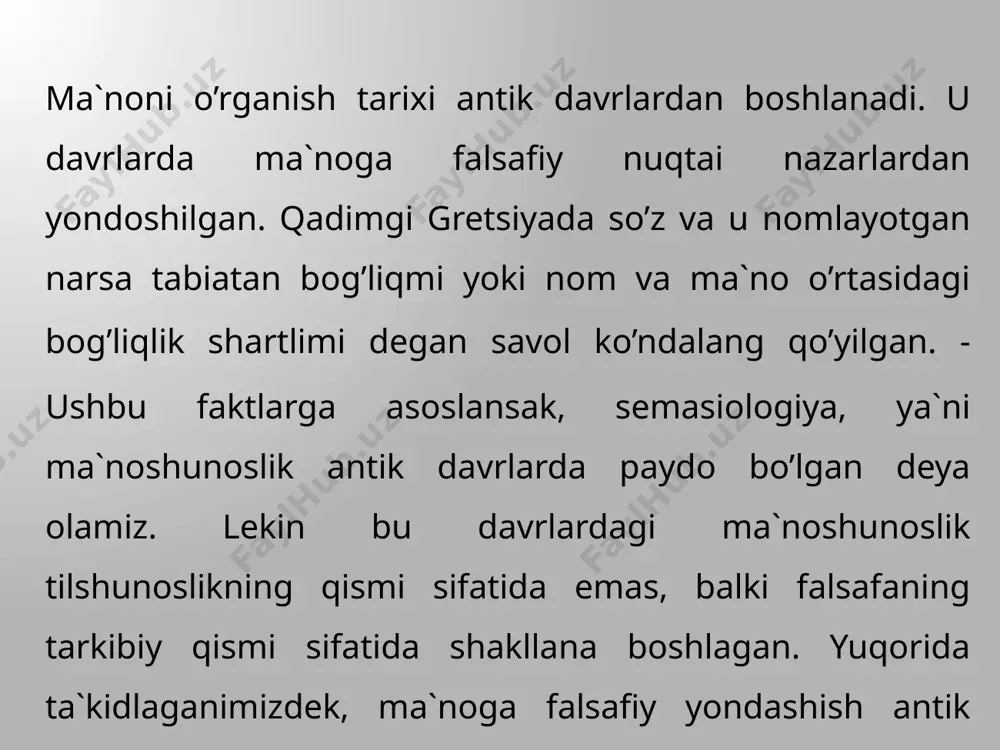 ing lug’at jamg’armasidagi so’zlarni har jihatdan tasnif qilish mumkin. sinov: test savol: tilning sistemaviy tuzilishga ega ekanligini isbotlab bergan olim kim? f. de sossyur v. f. gumbolt aristotel al-farg’oniy javob yozing: tilshunos olim a.rustamovning fikricha, o’zbek tilidagi so’zlarning miqdori …………. dan kam emas. semasiologik tadqiqot yo’nalishlari leksik ma’nolarni mantiqiy semantik asosda tadqiq etish so’zlarning semantik taraqqiy etishi va sabablari o’rganiladi. /docprops/thumbnail.jpeg