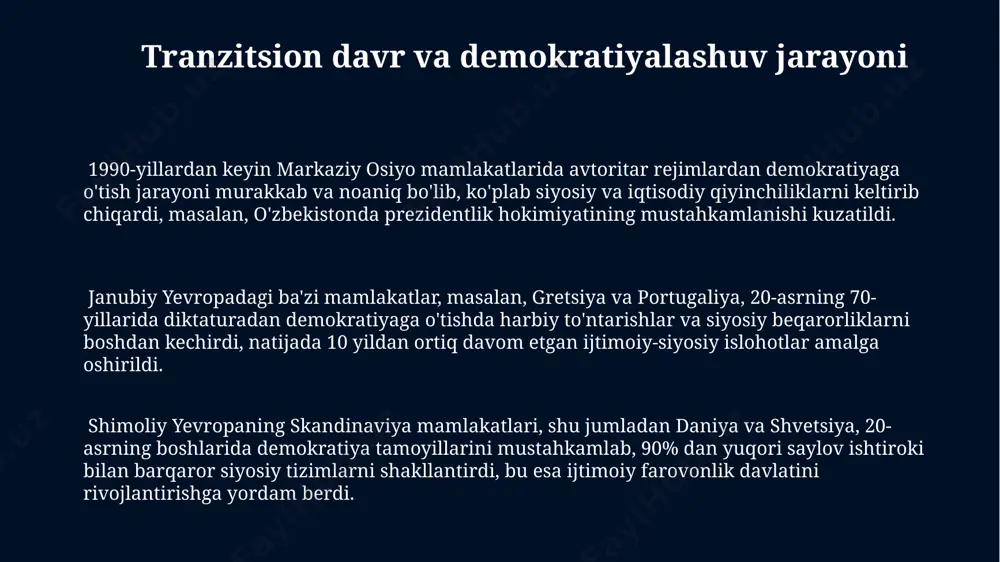 an, siyosiy muxolifat ta'qib qilingan va 10 mingdan ortiq kishi hibsga olingan. 1930-yillardan keyin ispaniyada franko diktaturasi 36 yil davom etdi, bu davrda siyosiy qarshiliklar qattiq bostirildi va minglab odamlar qatl etildi yoki lagerlarga yuborildi. portugaliyada salazar rejimi (1933-1974) avtoritarlik va milliy-konservativ ideologiyalarni ilgari surdi, bu davrda iqtisodiy rivojlanish sekinlashdi va cheksiz qashshoqlik saqlanib qoldi. shimoliy yevropadagi demokratiyaning mustahkamlanishi 1970-yillardan boshlab islandiya, daniya va shvetsiyada ayollar siyosiy hayotida faol ishtirok eta boshladilar va hukumatdagi vakillik darajasi 30% dan oshdi, bu esa gender tengligini ta'minlashga yordam berdi. ikkinchi jahon urushidan keyin norvegiya va finlyandiyada demokratiyaning tiklanishi va mustahkamlanishi, shuningdek, iqtisodiy farovonlikning o'sishi fuqarolarning siyosiy ishtirokini sezilarli darajada oshirdi. shimoliy yevropadagi davlatlarning aksariyati 19-asr oxiri va 20-asr boshlarida parlament demokratiyasini qabul qilib, 20-asr davomida mustahkamlab kelishdi, masalan, daniya va shvetsiyada kuchli siyosiy partiyalar tizimi shakllandi. gretsiyadagi harbiy xunta gretsiyada 1967-1974 yillar oraligʻida harbiy xunta hukmronlik qilgan boʻlib, bu davrda siyosiy erkinliklar cheklangan …