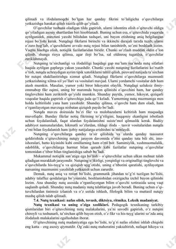 o’qituvchi nutq madaniyati va notiqlik orasidagi ba’zi muhim farqli tomonlarni va belgilarni bilishi lozim. bular quyidagilar: 1. nutq madaniyati, chinakam ma’noda adabiy til bilan bog’liq hodisadir. uning paydo bo’lishi, lisoniy asosi, talab va mezonlari adabiy til va uning normalari bilan bog’liq. notiqlik san’ati uchun bular asosiy belgilar emas. notiqlar orasida adabiy til talablariga to’la amal qilmaydiganlar, ma’lum vaqtgacha, shevada ham chinakam notiqlik san’atini namoyish qilib kishilar qalbiga qizg’in ta’sir qiluvchi kishilar uchraydi. so’zga chechanlik, notiqlik, til materialining xarakteriga qarab emas, balki, notiqning chinakam so’z ustasi ekanligiga, tinglovchilarni o’ziga jalb etishida, ta’sirchan nutqiy san’atiga qarab belgilanadi. 2. notiqlik – bu nutqning og’zaki shakli. notiqlik san’ati og’zaki nutq san’atidir. nutq madaniyati esa nutqning ham og’zaki, ham yozma shakli uchun taalluqli bo’lgan tushunchalardir. 3. nutq madaniyati jamiyat a’zolarining umumiy nutqiy faoliyatini nazarda tutadi. nutq madaniyati sohasining maqsadi va pirovard orzusi yosh avlod nutqini madaniylashtirishni mo’ljallaydi. chin ma’nodagi notiqlik san’ati esa, alohida shaxslarning nutqiy …