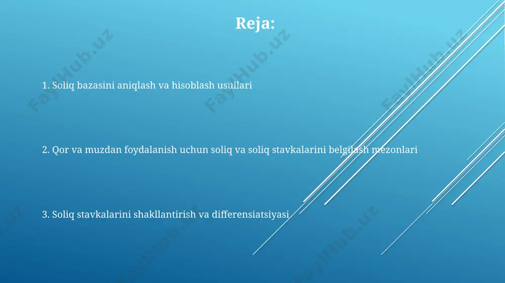 q miqdori (masalan, kub metrda o‘lchanadigan hajmi yoki tonnada o‘lchanadigan massasi) aniqlanishi kerak. qor va muzning kelib chiqishi (tabiiy yoki sun'iy) va sifat ko'rsatkichlari (tozalik darajasi, zichligi) ham soliq obyektini aniqlashda hisobga olinishi mumkin, bu esa soliq solish bazasini aniqlashda farqlarni keltirib chiqarishi mumkin. qor va muzdan foydalanishning maqsadi (masalan, sanoat, kommunal xizmatlar yoki boshqa) soliq obyektini aniqlashda muhim omil bo‘lib hisoblanadi va turli stavkalarni qo‘llashga olib kelishi mumkin. soliq bazasini hisoblash usullari soliq bazasini hisoblashda, qor va muzdan foydalanish hajmi kubometrda (m³) yoki tonnada (t) o‘lchanadi, keyin esa belgilangan tarif stavkalari qo‘llaniladi. agar qor va muz maxsus texnika yordamida qazib olinsa, uning narxi va qo‘shimcha xarajatlar ham soliq bazasini hisoblashda hisobga olinadi, masalan, 15% qo'shilgan qiymat solig'i. qor va muzning sifatiga (masalan, tozaligi, zichligi) qarab, soliq bazasini hisoblashda koeffitsientlar qo‘llanilishi mumkin, bu esa 1 dan 1,5 gacha farq qilishi mumkin. soliq nazorati va huquqiy javobgarlik noqonuniy boyliklarni aniqlash bo'yicha …