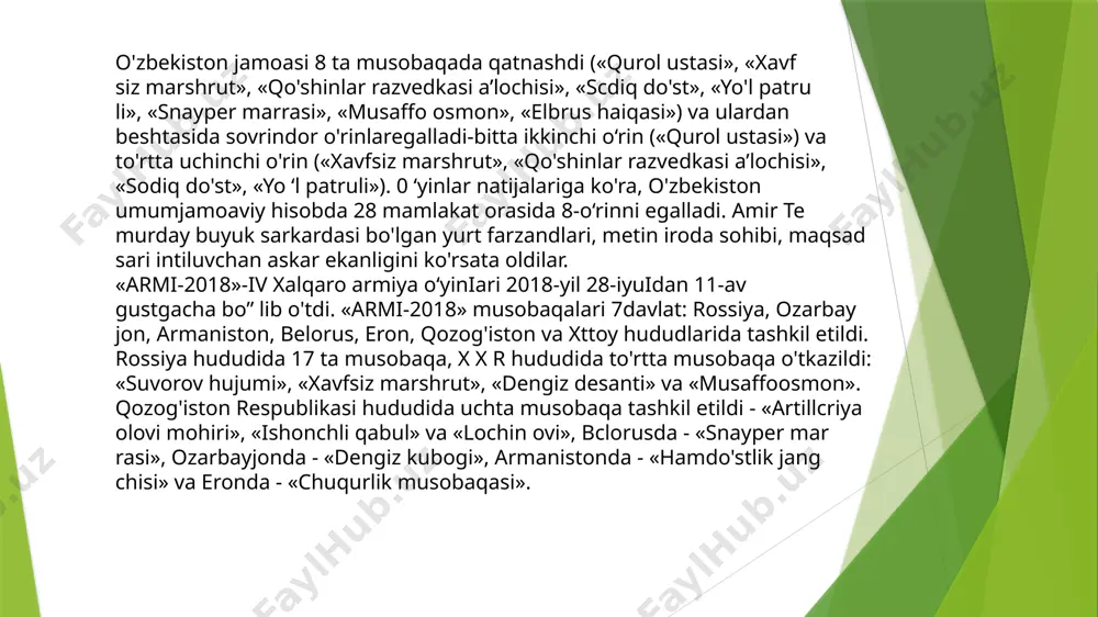 iy estafeta», «tank biatloni»), 4 ta ik kinchi o’ rin («qo'shinlar razvedkasi a'lochisi» 2017-yil bilim yurti tarixida ilk bor maxsus operatsiyalar va terrorizm ga qarshi kurashish bo'linmalari komandirlari - leytenantlar guruhi bilim yuitini bitirdi. 2017-yil 1-dckabrda 0 ‘zbekiston respublikasi prezidenti - qurolli kuchlar oliy bosh qo‘mondoni sh.m. mirziyoyevning fannoni bilan bilim yurti tashkiliy shtat tuzilmasi qayta ko‘ribchiqilib, tayyorlanayot gan mutaxassisliklar doirasi kcngaytirildi va shunga mos ravishda kafedra, sikllar soni ham oshdi. bilim yurtida artilleriya, rakcta-artillcriya qurollari va avtomobilchilar tayyorlashga kirishildiki, mudofaani ta’minlash uchun bu harbiy kadrlami o'mi beqiyos. 2018-yil 12-19-may kunlari rossiya federatsiyasining poytaxti moskva shahrida mdh davlatlari oliy harbiy ta’lim tnuassasalari o'rtasida o'tgan iv xalqaro «harbiy professional tayyorgarlik» bo‘yicha olimpiada musoba- qalarida bilim yurli kursantlari jamoasi umumjamoa hisobida faxrli ikkinchi 0‘rinni egalladi. o'zbckiston respublikasi mudofaa vazirligi axborot-kommunika tsiya texnologiyalari va aloqa harbiy instituti. 0 ‘zbekiston respublikasi mudofaa vazirligi axborot-kommunikatsiya texnologiyalari va aloqa harbiy instituti tarixi uch bosqichdan iborat bo‘lib, …