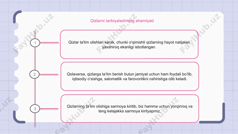 kiritish qizlar ta'lim olishlari kerak, chunki ta'lim ularga o'z hayotlari haqida ongli qarorlar qabul qilish imkoniyatini beradi va ularni kelajakdagi imkoniyatlarga tayyorlaydi. qizlar ta'limiga sarmoya kiritish qashshoqlik tsiklini buzish va gender tengligini ta'minlash uchun muhim ahamiyatga ega. qizlarga sifatli ta’lim berish orqali biz ularning salohiyatiga sarmoya kiritmoqdamiz va ular va ularning jamiyatlari uchun porloq kelajakni ta’minlaymiz. har bir qiz uchun ta'lim olish huquqi qizlar ta'lim olishlari kerak, chunki bu ularning sifatli ta'lim olish huquqidir. ta'lim qizlarga kuch beradi va ularga mustaqil va baxtli hayot kechirishga imkon beradi. qizlarga ta’lim berish orqali biz qashshoqlikdan xalos bo‘lishimiz va kelajak avlodlar istiqbolini yaxshilashimiz mumkin. ta'lim qizlarga mehnatda qatnashish va o'z jamoalariga hissa qo'shish uchun zarur bo'lgan ko'nikma va bilimlarni beradi. qolaversa, qizlarning bilim olishi butun jamiyatga ijobiy ta’sir ko‘rsatadi. bu bolalar turmush qurish darajasining pasayishiga, onalar o'limining kamayishiga, qizlar va ularning oilalari salomatligi va ovqatlanishining yaxshilanishiga olib keladi. 1 2 3 qizlar ta'limi: …
