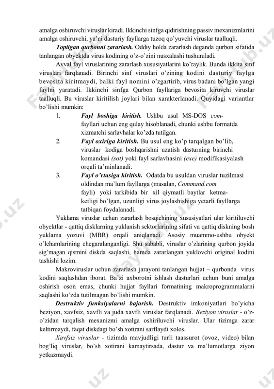 qismiga yo’naltiradi. ikkinchi jihat rezident viruslar deb ataluvchi viruslar bilan bog’liq. virus va u kiritilgan obyekt operasion tizim uchun bir butun bo’lganligi sababli, yuklanishdan so’ng ular, tabiiy, yagona adres makonida joylashadi. obyekt ishi tugaganidan so’ng u operativ xotiradan ajraladi. bunda bir vaqtning o’zida virus ham ajralib saqlanishning passiv bosqichiga o’tadi. ammo ba’zi viruslar xili xotirada saqlanish va virus eltuvchi ishi tugashidan so’ng faol qilish qobiliyatiga ega. bunday viruslar rezident nomini olgan. rezident viruslar, odatda, faqat operasion tizimga ruxsat etilgan imtiyozli rejimlardan foydalanib yashash makonini zararlaydi va ma’lum sharoitlarda zararkunandalik vazifasini bajaradi. rezident viruslar xotirada joylashadi va kompyuter o’chirilishigacha yoki operasion tizim qayta yuklanishigacha faol holda bo’ladi. rezident bo’lmagan viruslar faqat faollashgan vaqtlarida xotiraga tushib zararlash va zarakunandalik vazifalarini bajaradi. keyin bu viruslar xotirani butunlay tark etib yashash makonida qoladi. ta’kidlash lozimki, viruslarni rezident va rezident bo’lmaganlarga ajratish faqat fayl viruslariga taalluqli. yuklanuchi va makroviruslar-rezident viruslarga tegishli. qurbonni qidirish. qurbonni qidirish …