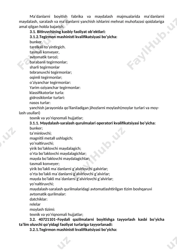 li hujjatlardan foydalanish. yirik bo‘lakli g‘alvirlarni ishlatish; o‘rta bo‘lakli g‘alvirlarni ishlatish; mayda bo‘lakli g‘alvirlarni ishlatish; 4. ta’lim dasturini o‘zlashtirgan bitiruvchining umumiy va kasbiy kompetensiyalariga qo‘yiladigan talablar 4.1. 40721101-foydali qazilmalarni boyitishga tayorlash kasbi bitiruvchilari umumiy kompetensiyasiga qo‘yiladigan talablar: ptm bitiruvchisi quyidagi umumiy kompetensiyalarga ega bo‘lishi kerak: uk-1. kasbiy faoliyat doirasida vujudga keladigan turli masalalar yechimini topish usullarini tanlay olish; uk-2. rahbar tomonidan belgilangan maqsadga erishish uchun jamoada ishlay olish; uk-3. o‘zining kasbiy malakasini va shaxsiy kamolotini takomillashtirib borish; uk-4. jamoada va ma’lum vazifani bajarishga yo‘naltirilgan guruhda ishlash, hamkasblar, rahbarlar va mijozlar bilan samimiy, xushmuomala va samarali muloqot qilish; uk-5. ta’lim olgan tilida fikrini og‘zaki va yozma ravishda ravon bayon qilish; uk-6. umuminsoniy fazilatlarga ega bo‘lish, o‘z millatini va vatanini sevish, u bilan faxrlanish, milliy urf-odatlar, qadriyatlarni hurmat qilish; uk-7. professional vazifalarni samarali bajarish uchun zarur bo‘ladigan ma’lumotlarni qidirish; uk-8. kasbiy faoliyatida axborot-kommunikatsiya texnologiyalarini qo‘llash; uk-9. kasbga doir hujjatlar bilan ishlash; uk-10. …