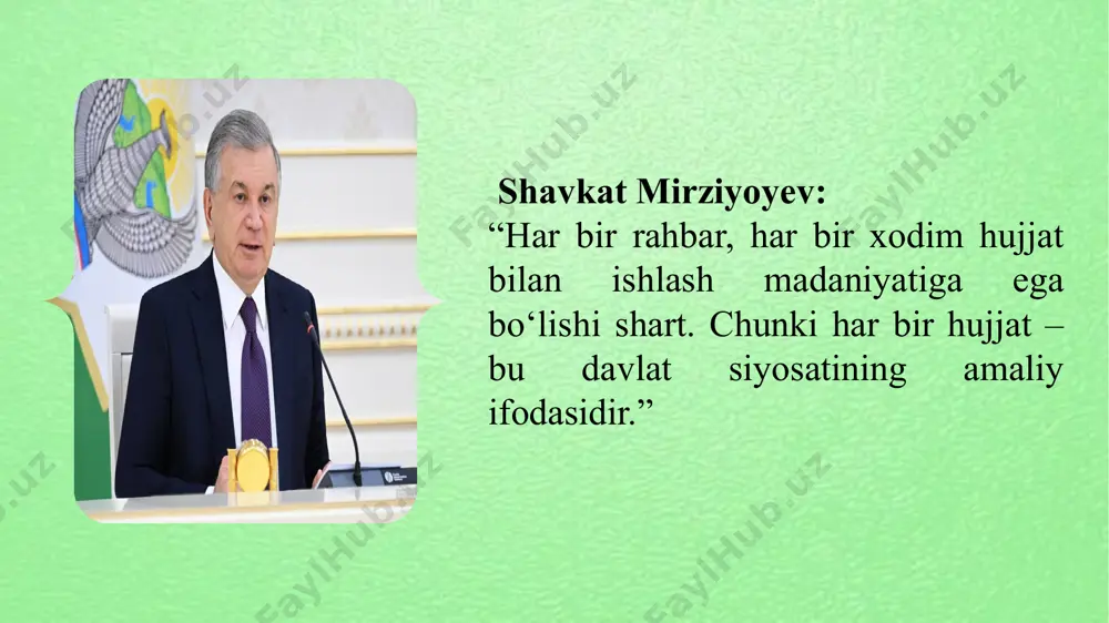4 yildagi 758-sonli qarori. mehnat kodeksini amalga oshirishga oid qo‘shimcha tartibni belgilaydi, shu jumladan – kadrlar hujjatlari yuritilib, nazoratni tashkil etishda yo‘riqnoma vazifasini bajaradi. “yuridik kadrlarni uzluksiz kasbiy rivojlantirish tizimining zamonaviy va samarali mexanizmlari: milliy va xorijiy tajriba”. kadrlar malakasini oshirish va hujjat yuritish madaniyatini shakllantirish usullari. “records management practices of school-based personnel…” epra ecem (2025) maktab rahbarlari va xodimlarning hujjat yuritish amaliyotlari, raqamlashtirish bo‘yicha so‘rovnoma tahlili. mavzuga oid adabiyotlar: davlat tilida ish yuritish – amaliy qo‘llanma (2020). hujjatlar tayyorlashda davlat tilining qay tarzda qo‘llanishi va rasmiy yozishmalarni yuritish me’yorlari yoritilgan.tashkilot va muassasalarning ishyuritish faoliyatida eng ko‘p qo’llanadigan hujjatlar, ularni tuzish tartib-qoidalari masalalariga to‘xtalindi, ular tegishli namunalar bilan ko‘rsatildi, ish yuritishga oid lug‘at berildi best practices for effective document management in educational institutions izoh: ta’lim muassasalari uchun hujjat yuritish bo‘yicha eng yaxshi amaliyotlar tavsifi. hindiston tajribasi.📌 asosiy jihatlar:hindistonda ta’limda “e-office” va “shaladarpan” nomli tizimlar orqali maktablararo xizmat yozishmalar, qarorlar va …