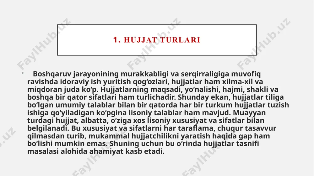 a «nusxa» degan belgi qo‘yiladi. hujjatchilikda, shuningdek, aynan (faksimil) va erkin nusxalar ham farqlanadi. aynan nusxa asl nusxaning barcha xususiyatlarini – hujjat zaruriy qismlarining joylashishi, mavjud shakliy belgilar (gerb, yumaloq muhr, to‘rtburchak muhr, nishon kabi), matndagi bosma, yozma harf shakllari va shu kabilarni aniq va to‘liq aks ettiradi, masalan, fotonusxani yoki kompyuterda chiqarilgan nusxani shu tur hujjatlar qatoriga kiritish mumkin. erkin nusxada esa hujjatdagi axborot to‘la ifodalansa-da, bu nusxa tashqi xususiyatlari jihatidan bevosita asliga muvofiq kelmaydi, ya’ni erkin nusxada asl nusxadagi muhr o‘rniga «muhr» deb, imzo o‘rniga «imzo» deb, gerb o‘rniga «gerb» deb yozib qo‘yiladi va h.k hujjatlarning elektron shakldagi nusxalarini o‘zbekiston respublikasi qonun hujjatlari ma’lumotlari milliy bazasi – «lex.uz»ga joylashtirish amaliyoti shakllandi. unda o‘zbekiston respublikasi miqyosida amal qiladigan qonun, farmon, qaror, farmoyish, kodeks, nizom, yo‘riqnoma, uslubiy ko‘rsatma, dastur, buyruq, ro‘yxat, doktrina, deklaratsiya va yana boshqa ko‘plab hujjatlar elektron shaklda joylashtirilgan. mazkur tizimning joriy qilinishi aholining huquqiy ongini o‘stirish bilan …