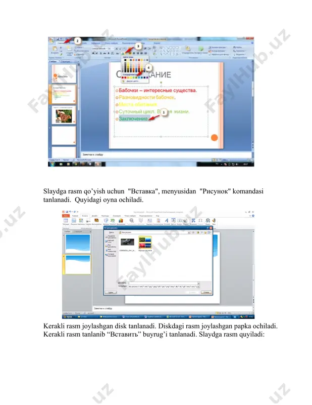fayl, pravka, vid, vstavka, format, servis, tablitsa va okno. bu bo’limlar yordamida biz taqdimot, slayd va ularda joylashgan xar xil matn, rasm hamda boshqa istalgan obyektlar ustidan har xil amallarni bajarishimiz mumkin. image6.png image7.png image8.png image9.png image10.png image11.png image12.png image13.png image14.png image15.png image16.png image17.png image18.png image19.png image1.png image2.png image3.png image4.png image5.png