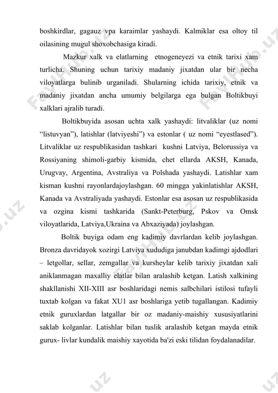 rus solnomalarida tilga olingan chud fin tilida gapiradigan kabilalar yashagan. ular xozirgi estoniya xududida eramizdan avvalgi 111 ming yillikda paydo bulganlar: keyinrok boltik, skandinav kabilalari, 1ming oixirlaridan sharkiy slavyan elementlari kelib aralashib ketgan va eston xalkning negizini tashkil kilgan. eston xalkining etnik jarayonida ishtirok kilgan setu yoki setikez nomli etnografik gurux xozirgacha ajralib turadi. xiii asrlardagi nemis istilochilariga karshi ozodlik kurashi milliy jipslashish jarayonida kuchaytirgan. 1710 yilgi shimoliy urushdan keyin estoniya rossiyaga kushilib olingan. boltik buyi xalklari maishiy turmushi, moddiy va ma'naviy madaniyatining shakllanishida bir tomondan sharkiy slavyan xalklarining, ikkinchi tomondan garbdagi kushnilari – nemis, shved kabi xalklarnineg ta'siri utgan. ayniksa sharkiy slavyan xalklari bilan uzok davrlar davomida boltik buyi xalklari yakin munosabatda bulganligi tufayli uzaro madaniy ta'sirlar kuchli bulgan. xii asrda litva buyuk knyazligining pado bulishi va unga sharkiy slavyan yerlari bir kismining utishi natijasida xatto uch asr davomida rus tilini davlat tiliga aylantirgan edi. keyin litvaning polshaga kushilishi …