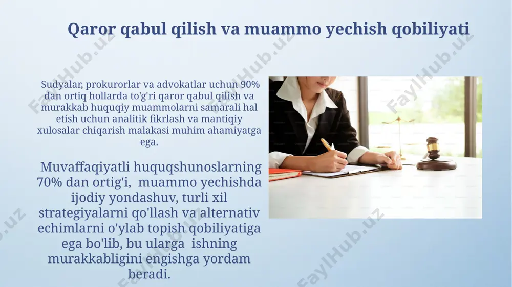 dolat tuygʻusi, qonun normalarini chuqur bilish va kamida 5 yillik tajribaga ega boʻlish sudya, prokuror va advokatning professional xususiyatlarining ajralmas qismidir. e'tiboringiz uchun rahmat @taqdimot_robot image4.png image5.jpg image6.jpg image7.jpg image8.jpg image9.jpg image10.jpg image11.jpg image12.jpg image13.jpg image3.jpeg