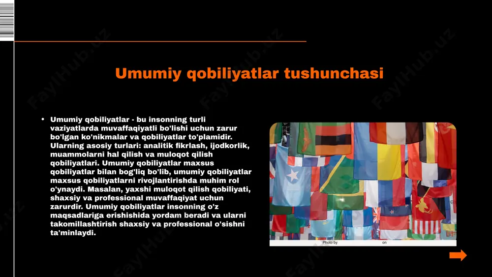 lan ishlash va innovatsion g'oyalarni yaratish kabilarni misol qilib keltirish mumkin. case study sifatida, bir guruh talabalarining loyiha ustida ishlash jarayonida umumiy qobiliyatlarni qanday qo'llashi ko'rsatildi. ushbu misolda, talabalar o'zaro muloqotda bo'lishlari, g'oyalarni baham ko'rishlari va bir-birlariga yordam berishlari orqali umumiy qobiliyatlarning ahamiyati aniq ko'rinadi. tahlil qilish jarayonida, bu qobiliyatlarning o'zaro ta'siri va natijalarga erishishdagi roli muhim hisoblanadi. photo by jud mackrill on unsplash kelajakda rivojlanish istiqbollari umumiy qobiliyatlar kelajakda yangicha ko'rinishda rivojlanishi mumkin. texnologiyaning o'sishi va globalizatsiya sharoitida, umumiy qobiliyatlar yangi ko'nikmalarni o'z ichiga oladi va jamoada samarali ishlashga yordam beradi. ijtimoiy o'zgarishlar ta'siri ijtimoiy o'zgarishlar ba'zi umumiy qobiliyatlarni rivojlantirishda qiyinchiliklar tug'dirishi mumkin. masalan, iqtisodiy muammolar yoki o'zgaruvchan ish bozorida, shaxslar maxsus qobiliyatlarni rivojlantirishga ko'proq e'tibor qaratishlari mumkin. yangi imkoniyatlar yaratish jamiyatdagi yangi imkoniyatlar, masalan, ta'lim tizimidagi yangiliklar va ish o'rinlaridagi talablar umumiy qobiliyatlarni rivojlantirishga yordam beradi. innovatsiyalar va iqtisodiy o'sish yangi ko'nikmalarni o'rganishga imkon yaratadi. raqobat va resurslar …