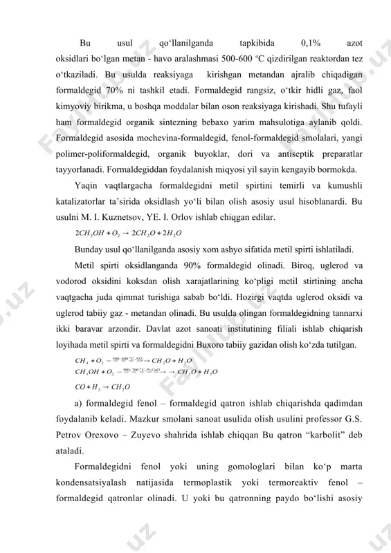 moddalarning nisbatiga bog‘liq. novalak qatron: fenol:formaldegid (7:6). m = 500-700., dastlabki moddalar nisbati (2:1) bo‘lganda m = 230-250 ga teng. termoplastik fenol – formaldegid qatroni spirt, atseton, benzol, dioksanda yaxshi eriydi. erish natijasida yupqa parda hosil qiladi. smolaning bu xossasi undan tabiiy shelak o‘rnida foydalanish imkonini beradi. shu tufayli ham bu smolani yangi lak deb ham atashadi. polimerlarning ikkinchi tipi formaldegidni ko‘proq qo‘shish natijasida olinadi va rezol (6:7) qatronlari deb ataladi. b) mochevina – formal’degid qatronlar plastmassa, yelim, lak sifatida keng ishlatiladi. ular fenol-formal’degid qatronlardan rangsizligi, bo‘yoq qo‘shilgach turli xil rangga kirishi bilan farq qiladi. mazkur qatronni tayyorlash uchun formal’degid va mochevina ishlatiladi. bu moddalar esa tabiiy gazdan olinadi. mochevina-formaldegid smolalar olish va uni qayta ishlash gazdan foydalanishning eng ratsional yo‘llaridan biridir. respublikamizda mochevina-formaldegid smolasini chirchiq elektrokimyo kombinatida ishlab chiqarishni mo‘ljalanmoqda. karboamid quyidagi usullar yordamida olinadi: mochevina-formaldegid qatronlar o‘zining qimmatli texnik xossalari tufayli texnikada keng foydalanilmoqda. ular rangsiz, nurga chidamli, …