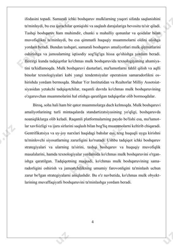 anib, ularning fikr-mulohazalarini eshitishlari, shuningdek, ijarachilarga xizmat ko'rsatish sifatini oshirish uchun zarur bo'lgan harakatlarni amalga oshirishlari kerak. masalan, ijarachilarning ehtiyojlariga mos ravishda, ular uchun yangi xizmatlar va qulayliklar taqdim etish orqali, ijarachilar bilan aloqalarni mustahkamlash mumkin. uchinchidan, moliyaviy monitoring ichki boshqaruv strategiyalarining muhim qismi hisoblanadi. mulkni boshqarish jarayonida xarajatlarni nazorat qilish, ijaraga berishdan tushumlarni tahlil qilish va moliyaviy hisobotlarni tayyorlash orqali mulk egalari o'z moliyaviy holatini yaxshilashlari mumkin. buning uchun, zamonaviy moliyaviy tahlil usullaridan foydalanish va xarajatlarni optimallashtirishga qaratilgan strategiyalar ishlab chiqish zarur. masalan, ko'chmas mulk obyektlari uchun xarajatlarni kamaytirish va daromadni oshirish maqsadida energiya samaradorligini oshirish yoki xizmat ko'rsatish xarajatlarini optimallashtirish mumkin. ichki boshqaruv strategiyalarining ta'siri ko'plab tadqiqotlarda ko'rsatilgan. samarali ichki boshqaruv strategiyalari yordamida ko'chmas mulk obyekti ijarachilarining qoniqishi 30% dan 50% gacha oshishi mumkin. shuningdek, yaxshi ichki boshqaruv amaliyotlari mulk qiymatini oshirishga va ijarachilarning uzluksiz qoniqishini ta'minlashga yordam beradi. bu esa, o'z navbatida, mulk egalarining investitsiya qobiliyatini oshiradi …
