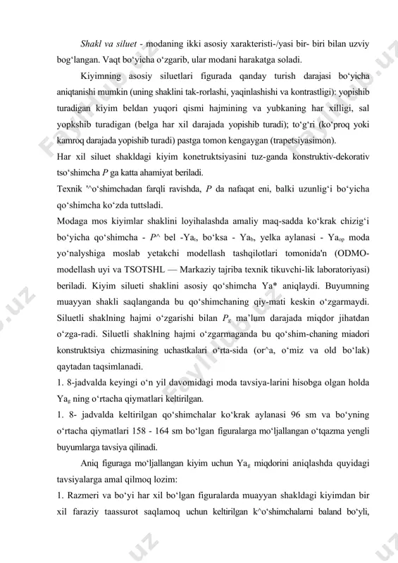 i baland bo‘yli, razmeri katta bo‘lmagan figuralar uchun 0,5 sm kattalashtirish kerak. va past bo‘yli, ko‘krak aylanasi katta figuralar uchun 0,5 sm kichraytiriladi (og ning har 4 sm ga va bo‘yning har 6 sm ga) [12]. 2. gazlamaning qalinligi va tuzilishiga qarab qo‘-shimchalar differeytsiyalab tanlanadi. gazlama qancha- ; lik yupqa bo‘lsa, siluetli shaklning chegarasida qo‘-shimcha shuncha kam bo‘ladi va aksincha. 3. siluet shakli bir xil, lekin bichimi har xil |bo‘lgan kiyimdan muayyan faraziy taassurot qoldirish uchun qo‘shimcha ko‘paytiriladi: yaxlit yengli va reglan yengli, hajmi katta bo‘lmaga.n kiyimlar uchun—2 sm ga-cha, kombinatsiyalashgan bichim uchun esa—1 sm gacha [12]. 4. qishki issiq qatlamli kiyimlar uchun qo‘shimcha-lar 18^jadvalning unga to‘g‘ri keladigan xonasidan ol^nadi (kichik miqdori) va 3,2 ь, qo‘shiladi {n — is-siq tutuvchi qatlam qalinligi). oxirgi vaqtlarda kiyimlar hajmi ma’lum dara-jada kattalashadi. shu bilan bir vaqtda kichik hajm-li kiyimlar ham saqlanib qolmoqda (ayniqsa, buayollar kiyimiga taalluqli). agar kichik hajmli buyumlar uchun qo‘shimchalar yuqorida …