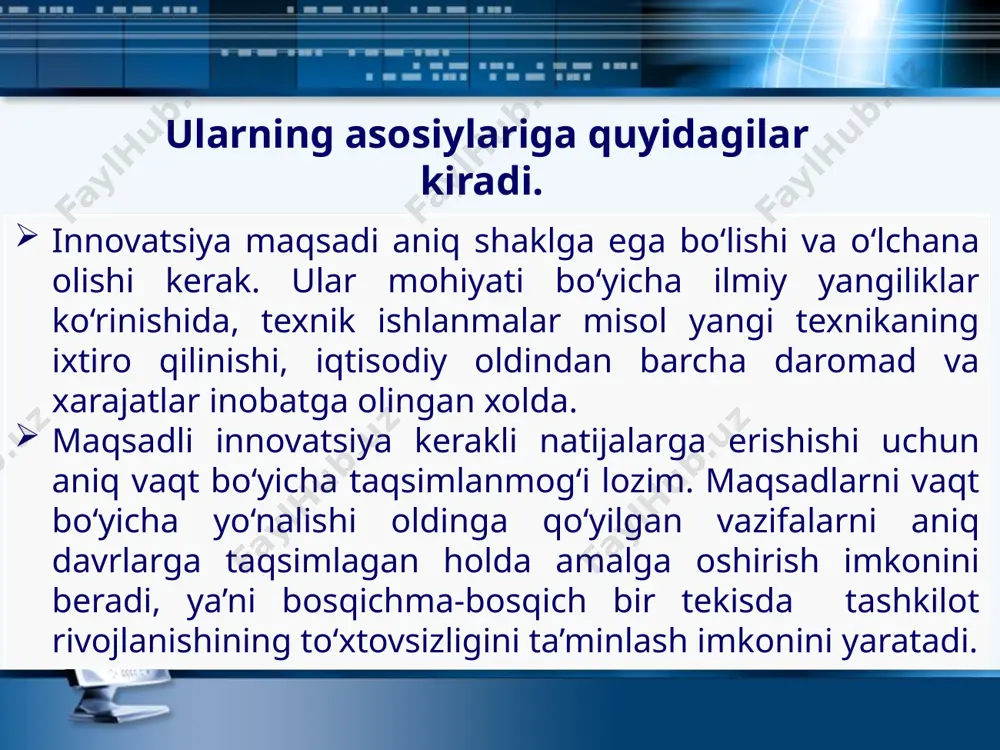 tushishini sinash, reklama; 5-qadam bozorda sotish; 6-qadam ommaviy-seriali tarzda ishlab chiqish. xususan, yaponiyada bugungi kunda to’rtta g’oyani atigi bittasi amaliyotga joriy qilinadi. yaponiya korxonalari innovatsiyalarni amaliyotga joriy etishda muvaffaqiyatga erishishning muhim omillari quyudagilar: korxona yuqori boshqaruv bo’g’ini tomonidan yangi g’oyalar qo’llab-quvvatlanishi kerak; muvaffaqiyatli tashkil etilgan tashkiliy strukturaga ega bo’lishi kerak; yangi mahsulotlar bozor talabiga yo’naltirilgan holda ishlab chiqarilishi kerak; yangi mahsulotlarni ishlab chiqarishda qatnashuvchi insonlarning xulq-atvori e’tiborga olinishi kerak; yaratilayotgan yangi mahsulotlar betakror bo’lishi lozim. foydalanilgan adabiyotlar molchanov n.n. innovatsionniy protsess: organizatsiya i marketing. sankt-peterburg., 1995. innovatsionniy menejment, spravochnoe posobie; nauka, sankt-peterburg,1997. zamt p. n, ipatov a. a.. kulagin a. s. innovatsionnaya deyatelnost v usloviyax rin­ka. spb.: nauka, 1994. kotler f. osnovi marketinga. per.s angl. m.: progress, 1992. hafwyww a. d. osnovi organizatsii reklami. m., 1992. statistika nauki i innovatsiy: kratkiy terminologicheskiy slovar / pod red. l. m. goxberga. m.: sisn, 1996. upravlenie issledovaniyami, razrabotaami i innovatsionnimi proektami / pod …