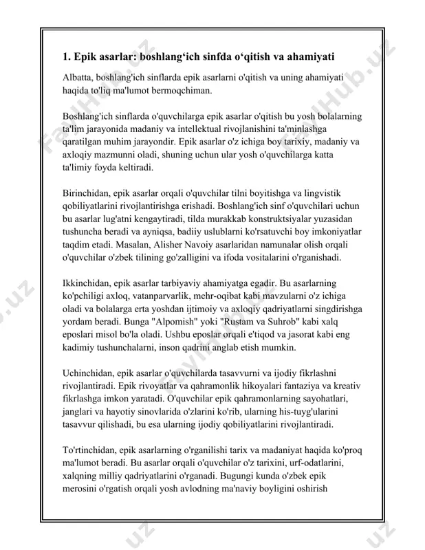 uvchilari uchun turli xil madaniy va ta'limiy maqsadlar uchun o‘tkaziladi. bunday tanlovlar maqsadi bolalarni milliy va xalqaro adabiyot asarlariga qiziqtirish, ularning tasavvur va ijodiy qobiliyatlarini rivojlantirish, shuningdek, nutq va til mahoratini oshirishga ko‘maklashishdir. bunday faoliyatlar bolalar uchun adabiyotga muhabbatni shakllantirish va ularga taklif etilgan asarlarning mohiyatini yaxshiroq anglash imkoniyatini beradi. 1. **tanlov formati**: - boshlang‘ich sinf o‘quvchilari uchun epik asarlar tanlovlari odatda o‘qish, hikoya qilish va drama ijrosi shaklida o‘tkaziladi. - tanlov ishtirokchilari odatda 1-sinfdan 4-sinfgacha bo‘lgan o‘quvchilar hisoblanadi. - tanlovga taqdim etiladigan asarlar qisqa hikoyalar, dostonlardan iborat bo‘ladi, chunki ular yosh bolalar uchun mos keladi. 2. **tanlovning maqsadi va ahamiyati**: - epik asarlar orqali bolalarga qadriyatlar, madaniyatlararo aloqa va adabiy meros tushuntiriladi. - yosh avlodni milliy o‘tmish bilan tanishtirish va ularni yaxshi insoniy fazilatlar tomon yo‘naltirish maqsadiga xizmat qiladi. - biblioterapiya elementi sifatida tanlovlar bolalarning hissiy holatini yaxshilash va ularni ruhiy jihatdan qo‘llab-quvvatlashga yordam beradi. 3. **tanlovga tayyorgarlik va …