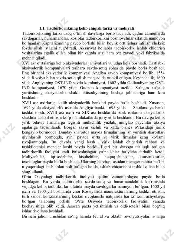 ab chiqarish rahbari va tashkilotchisi menejer kasbi paydo bo‘ldi. ilgari bir shaxsga taalluqli bo‘lgan tadbirkorlik faoliyati endi ixtisoslashgan yo‘nalishlar bo‘yicha tarhalib ketdi. moliyachilar, iqtisodchilar, hisobchilar, huquq-shunoslar, konstruktorlar, texnologlar paydo bo‘la boshladi. ularning barchasi ustidan menejer rahbar bo‘lib, u yuqoridagi kasblardan holi bo‘lgan holda, ishlab chiqarishni tashkil qilish bilan shug‘ullandi. o‘rta osiyodagi tadbirkorlik faoliyati qadim zamonlardayoq paydo bo‘la boshlagan. bu yerda tadbirkorlik savdo-sotiq va hunarmandchilik ko‘rinishda vujudga kelib, tadbirkorlar sifatida mayda savdogarlar namoyon bo‘lgan. 1600 yil oxiri va 1700 yil boshlarida chor rossiyasida manufakturalarning tashkil etilishi, turli sanoat korxonalarining keskin rivojlanishi natijasida har xil xom ashyolarga bo‘lgan talabning ortishi o‘rta osiyoda tadbirkorlik faoliyatini yanada kuchayishiga olib keldi. asosan paxta yetishtirish va oldi-sotdisi bilan bog‘liq ishlar rivojlana boshladi. birinchi jahon urushidan so‘ng hamda fevral va oktabr revolyutsiyalari amalga oshgandan keyin bozor iqtisodiy alohalarini yo‘qotishga kirishildi. barcha yirik korxonalar milliylashtirildi, mulkdorlarga harashli mulk va ishlab chiqarish vositalari davlat tomonidan tortib olindi. yangi iqtisodiy …