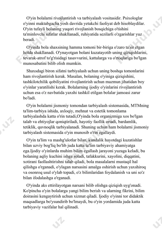 anadi, ruhiyatida sezilarli o'zgarishlar yuz beradi. o'yinda bola shaxsining hamma tomoni bir-biriga o'zaro ta'sir etgan holda shakllanadi. o'ynayotgan bolani kuzatayotib uning qiziqishlarini, tevarak-atrof to'g'risidagi tasavvurini, kattalarga va o'rtoqlariga bo'lgan munosabatini bilib olish mumkin. shaxsdagi biron sifatni tarbiyalash uchun uning boshqa tomonlarini ham rivojlantirish kerak. masalan, bolaning o'yiniga qiziqishini, tashkilotchilik qobiliyatini rivojlantirish uchun mazmun jihatidan boy o'yinlar yaratilishi kerak. bolalarning ijodiy o'yinlarini rivojlantirish uchun esa o'z navbatida yaxshi tashkil etilgan bolalar jamoasi zarur bo'ladi. o'yin bolalarni jismoniy tomondan tarbiyalash sistemasida, mtmning ta'lim-tarbiya ishida, axloqiy, mehnat va estetik tomonlama tarbiyalashda katta o'rin tutadi,o'yinda bola organizmiga xos bo'lgan talab va ehtiyojlar qoniqtiriladi, hayotiy faollik ortadi, bardamlik, tetiklik, quvnoqlik tarbiyalanadi. shuning uchun ham bolalarni jismoniy tarbiyalash sistemasida o'yin munosib o'rin egallaydi. o'yin ta'lim va mashg'ulotlar bilan, kundalik hayotdagi kuzatishlar bilan uzviy bog'liq bo'lib juda katta ta'lim tarbiyaviy ahamiyatga ega.ijodiy o'yinlarda muhim bilim egallash jarayoni yuzaga keladi, bu bolaning aqliy kuchini ishga soladi, tafakkurini, xayolini, …