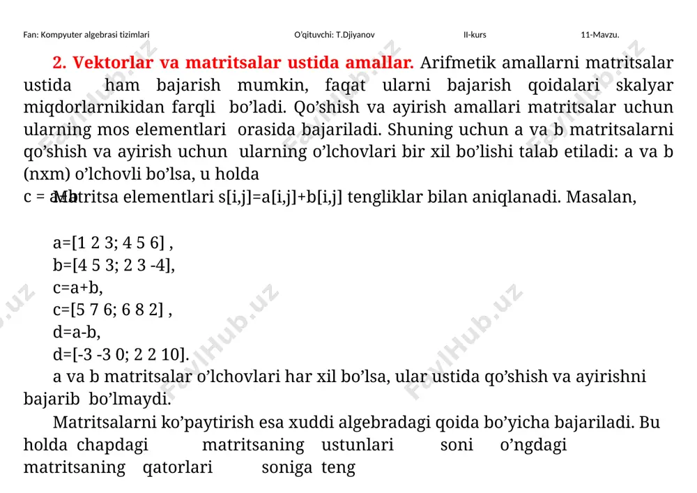 i solishtirishda bu amallar ularning mos elementlari orasida amalga oshiriladi. bunda solishtirilayotgan massiv o’lchoviga teng o’lchovli massiv xosil bo’ladi. ya’ni massivning mos elementi 1 bo’ladi, agar solishtirish natijasi “rost” bo’lsa , 0 bo’ladi agar solishtirish natijasi “yolg’on” bo’lsa. agar solishtirishda >, =, b natijasi quyidagicha bo’ladi: ans=[1 0 1; 1 0 0] matritsa elemntlari kompleks bo’lgan holda misol ko’ramiz: c=[5+2i 4-i]; d=[5+7i 3-i]; d 5&1 ularning natijasi mos ravishda 1 va 0 bo’ladi. birinchi ifodada avval 0+2=2, undan keyin esa 1&2 amali bajariladi. ikkinchi ifodada esa avval solishtirish amali 3>5=0, undan keyin esa 0&1 mantiqiy amal bajariladi. quyidagi keltirilgan misollarda esa mantiqiy amallar ketma-ket chapdan o’ngga qarab bajariladi: 1&0 | 1=1 0&0 | 0=0 4. matlabning asosiy matеmatik funksiyalari va amallari.yuqorida aytilganidek matlab paketi asosan har xil matematik va amaliy masalalarni yechishga, matritsalar va vektorlar ustida har xil amallarni bajarishga mo’ljallangandir. shuning uchun matlabda foydalanuvchi uchun zarur bo’lgan matematik funksiyalar …