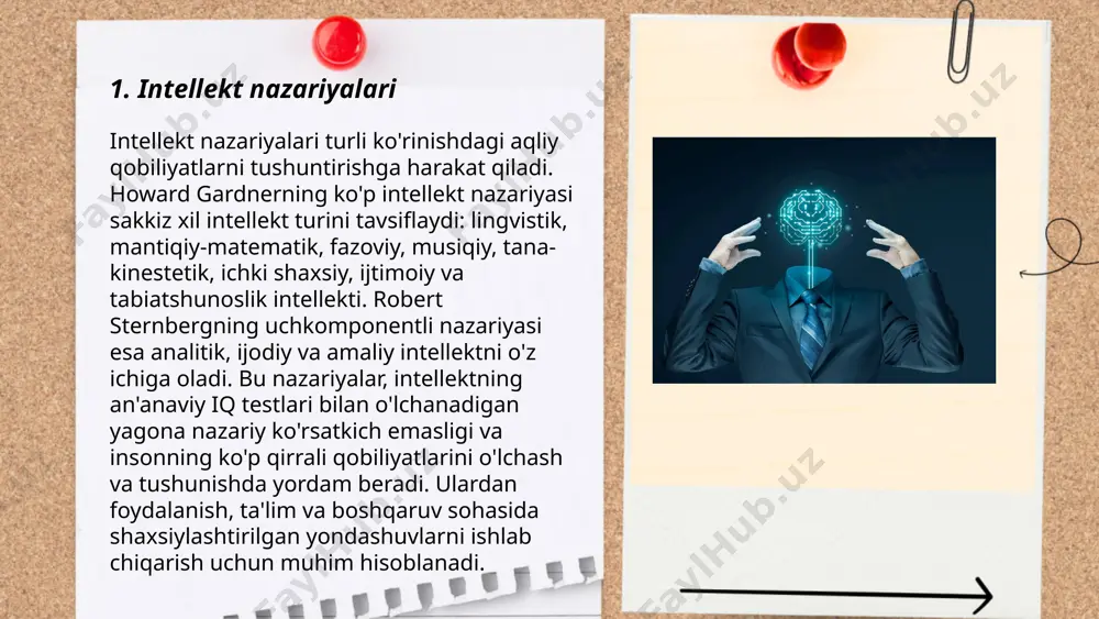 ham o'rganilmoqda, bu esa uning keng qo'llanilishiga olib keladi. ... t.me/slaydai_bot 6. verbal intellekt (so'zal aql-zakovat) odamlarning og'zaki va yozma so'z bilan bog'liq qobiliyatlarini ifodalaydi. bu intellekt turi til ko'nikmalarini o'rganish, qo'llash, so'z boyligini oshirish hamda ifodali nutq so'zlashni o'z ichiga oladi. verbal intellekt yaxshi rivojlanishi uchun inson erta yoshdan kitob o'qishi, yangi so'zlarni yodlashi, yozma matnlar bilan shug'ullanishi lozim. og'zaki intellekt kuchli bo'lgan shaxslar odatda yozuvchi, jurnalist, o'qituvchi yoki advokat kabi kasblarda muvaffaqiyat qozonishadi. verbal intellekt iq testlarida so'zlarni mantiqan tartibga keltirish, sinonimlar va antonimlar bilan ishlash kabilarni o'z ichiga oladi. ... t.me/slaydai_bot 7. matematik intellekt matematik intellekt insonning matematik masalalarni hal qilish, raqamlar bilan mantiqiy bog‘liqni aniqlash va matematik tushunchalarni anglash qobiliyatini o‘z ichiga oladi. bu ko‘nikma matematik tafakkur, mantik va hisoblash qobiliyatlarini rivojlantirish orqali oshiriladi. matematik intellektni rivojlantirish uchun matematika darslari, matematik o‘yinlar va mantiqiy masalalarni yechish foydali bo‘ladi. pisa (programme for international student assessment) tadqiqotlari o‘quvchilarning …