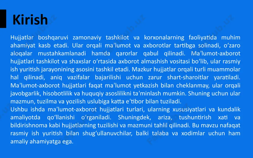 iliyasi). kim tomonidan yozilganligi (xat yozuvchining to‘liq ismi, lavozimi yoki talabaligi). matn qismi voqea yoki holat bayon qilinadi. vaziyat sabablari tushuntiriladi. zarurat bo‘lsa, qabul qilingan choralar yoki kelgusida bunday holat takrorlanmasligi haqida ma’lumot beriladi. xulosa qismi o‘z harakatlari uchun uzr so‘rash yoki kechirim so‘rash. sana va imzo qo‘yiladi. tushuntirish xatining tuzilishi tushuntirish xati turlari ishga kechikish sabablarini tushuntirish. ish topshirig‘ini bajarmaslikni tushuntirish. qoidabuzarlik bo‘yicha tushuntirish. akademik kechikish yoki dars qoldirishni tushuntirish. bildirishnoma bildirishnoma – bu biror voqea, vaziyat yoki muhim hodisa haqida ma’lumot berish yoki ogohlantirish uchun yoziladigan rasmiy hujjatdir. bildirishnoma, odatda, tashkilot yoki mas’ul shaxs tomonidan aniq bir shaxs yoki guruhga qaratilgan holda yoziladi. u rasmiy xabardorlikni ta’minlash uchun ishlatiladi. bildirishnomaning xususiyatlari aniqlik: bildirishnomada aniq ma’lumot va muddatlar ko‘rsatiladi. rasmiy uslub: xabarnoma rasmiy tilda, lo‘nda va tushunarli yoziladi. ma’lumot beruvchi hujjat: ogohlantirish yoki eslatma sifatida xizmat qiladi. manzilga yo‘naltirilganlik: bildirishnomada kimga yoki qaysi guruhga mo‘ljallanganligi ko‘rsatiladi. 1. xat boshi …