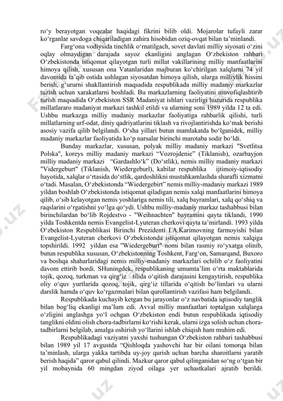 irik davlat arbobi va mohir siyosatchi, bunyodkor va tashkilotchi, katta tajribaga ega bo‘lgan amaliyotchi va teran nazariyotchi sifatida serqirra va samarali faoliyat bilan respublikada millatidan va dinidan qat’iy nazar, odamlar o‘zbekistonni o‘z vatani deb hisoblashlariga nafaqat da’vat etdi, balki ular uchun shart-sharoit yaratish qayg‘usi bilan yashadi. 1989 yil sentyabrda kpss mqning navbatdagi plenumida ham i.a.karimov o‘zbekistoning yangi rahbari sifatida respublikadagi ijtimoiy-iqtisodiy ahvol tang vaziyatga tushib qolganligini alohida ta’kidlab o‘tdi. biroq, markaz respublikalar milliy manfaatlarini o‘ylashdan yiroq edi. respublikada sodir bo‘layotgan ijtimoiy-iqtisodiy jarayonlar avvadlari markazni qanchalik e’tiboridan chetda qolgan bo‘lsa, endilikda ham uni mamlakatda iqtisodiy inqirozlar kuchayib turgan vaqtda bu hol umuman qiziqtirmas edi. mana shu vaqtda respublika rahbarining haqiqiy milliy rahbar sifatidagi o‘rni yaqqol namoyon bo‘lgan edi. uzoq yillik tarix davomida dunyoning ko‘plab davlatlarida xalqlar millatlarning ozodlik kurashlari tarixida ona xalqining milliy ozodlik kurashiga boshchilik qilgan ko‘plab yo‘lboshchilar ma’lum. o‘zbekiston tarixida ham xx asr 90-yillariga kelib islom karimov ham millatning …