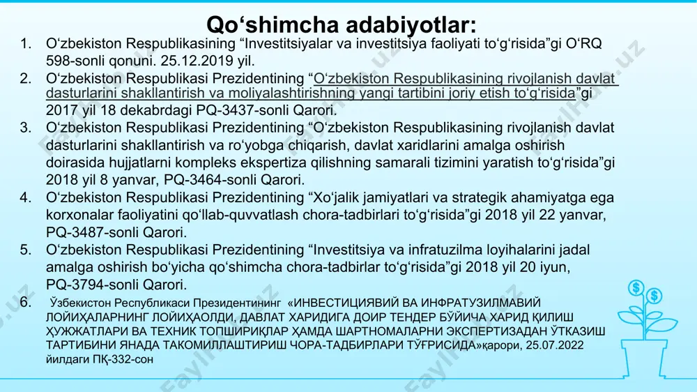 ini yoritish; investitsiya loyihalarining moliyaviy-iqtisodiy tahlilini keng o’rganish; investitsiya loyihasini amalga oshirishda inflyatsiya ta’sirini baholashni o’rganish; investitsiya loyihasi bo’yicha risklar va ularni baholashni o’rganish; investitsiya loyihasini tasdiqlash jarayonini o’rganish. investitsiya loyihasi bo’yicha garov ta’minotining ekspertizasini tavsiflab berish; fanning tarkibiy tuzilishi fanning tarkibiy tuzilishi 5 2 investitsiya loyihalarini ekspertiza qilishdagi axborotlar manbasi 4 investitsiya loyihasi bo’yicha garov ta’minotining ekspertizasi 3 investitsiya loyihalarining moliyaviy va iqtisodiy ekspertizasi investitsiya loyihalarini ekspertiza qilishning mohiyati, ahamiyati va zarurligi 1 investitsiya loyihalarining texnik ekspertizasi text here fanning tarkibiy tuzilishi 8 investitsiya loyihalari qatnashchilarining institutsional tahlili 12 investitsiya loyihasini amalga oshirishda inflyatsiya ta’sirini baholash 7 investitsiya loyihalarining tijorat tahlili 10 investitsiya loyihasi bo’yicha risklar va ularni baholash 13 investitsiya loyihasini tasdiqlash jarayoni 11 investitsiya loyihasi bo’yicha mulkni baholash va ko’chmas mulk bozorining tahlili 9 investitsiya loyihalarining ijtimoiy va ekologik ekspertizasi fanning boshqa fanlar bilan o’zaro bog’liqligi fanning boshqa fanlar bilan o’zaro bog’liqligi “investitsiya” investitsiyalarni iqtisodiy baholash “menejment …