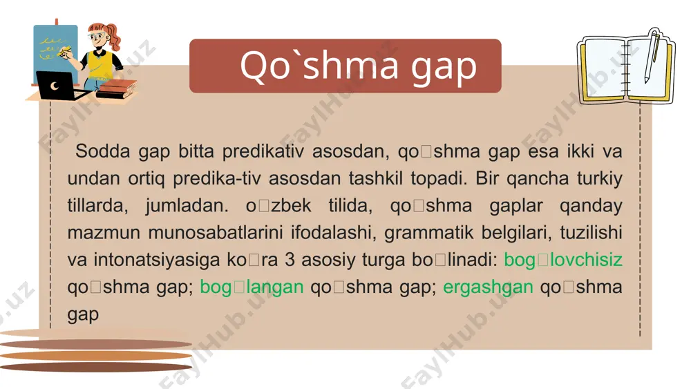 xml.rels ppt/slides/_rels/slide21.xml.rels ppt/slides/_rels/slide22.xml.rels [content_types].xml _rels/.rels docprops/custom.xml ko`chirma gap. matn tarifi vatsnifi reja : ko`chirma gap 01 02 03 ko`chirma gaplarda t inish belgilarining ishlatilishi o`zlashtirma gap 04 05 matn xususiyatlari va turlari nutq uslublari va ularning turlari shams tabriziy har narsaning me’yori yaxshi. odobning esa ortig‘i sodda gap bitta predikativ asosdan , qoʻshma gap esa ikki va undan ortiq predika-tiv asosdan tashkil topadi . bir qancha turkiy tillarda , jumladan . oʻzbek tilida , qoʻshma gaplar qanday mazmun munosabatlarini ifodalashi , grammatik belgilari , tuzilishi va intonatsiyasiga koʻra 3 asosiy turga boʻlinadi : bogʻlovchisiz qoʻshma gap; bogʻlangan qoʻshma gap; ergashgan qoʻshma gap qo`shma gap ergash gapli qo`shma gap turlari ega e rgash gapli qo`shma gap kesim ergash gapli qo`shma gap aniqlovchi ergash gapli qo`shma gap to`ldiruvchi ergash gapli qo`shma gap hol ergash gapli qo`shma gap ma`lumki , ega ergash gap bosh gapdagi olmosh bilan ifodalangan egani izohlab , to'ldirib keladi …