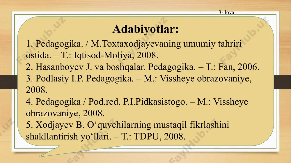 ahlili. b-b-b chizmasi. о‘qitish bо‘yicha qо‘llanma. bir-biriga о‘rgatish. bir-biridan sо‘rash. ikki qismli kundaliklar. eng asosiy tushunchalar eng asosiy tushunchalar, takrorlash. t-chizma. konseptual jadval. venn diagrammasi. nilufar guli. besh minutlik esse. о‘n minutlik esse. interfaol metodlar 14-ilova ta’lim metodlarini tanlab olish shartlari 1. ta’limning umumiy maqsadlari. 2. fanning va о‘rganilayotgan mavzuning mazmuni hamda о‘ziga xosliklari. 3. biror fanni о‘qitish metodikasining о‘ziga xosliklari. 4. materialni о‘rganishga ajratilgan vaqt. 5. о‘quv mashg‘ulotining maqsadi, vazifalari va mazmuni. 6. о‘quvchilarning yoshi va bilish imkoniyatlari. 7. о‘quvchilarning tayyorgarlik darajasi. 8. ta’lim muassasasining moddiy ta’minlanganligi. 9. о‘qituvchining nazariy, amaliy va metodik tayyorgarligi, pedagogik mahoratni egallaganlik darajasi. ta’lim metodlari motivatsiyali rivojlantiruvchi tashkiliy tarbiyaviy ta’limiy tarbiya metodlarining asosiy funksiyalari 15-ilova 16-ilova ta’lim metodlarining funksiyalari ta’lim maqsadi va funksiyalari boshqaruv funksiyalari ta’limiy tarbiyaviy rivojlantiruvchi rag’batlash tashkil etish nazorat qilish e’tiboringiz uchun rahmat! image5.png image6.png image7.png image8.png image3.png image4.png