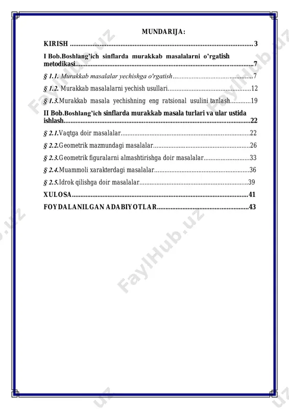 rkamol, erkin shaxslarni shakllantirishni o’z oldiga maqsad qilib qo’yadi. masalalar yechish boshlang'ich sinflarda matematika o'qitishning muhim qismi bo'lib hisoblanadi. boshlang'ich sinflarda sodda va murakkab masalalar o'quvchilar bilimlarini mukammallashtirishga xizmat qiladi. ko'pgina masalalar bir necha usul bilan yechiladi. bunday masalalarni yechishda tartibga rioya qilish bir usul bilan masala yechishni yaxshi o'zlashtirib olgandan keyingina yangi usulga o'tishi lozim. bir necha usuldan eng o'ng'ayini, maqsadga muvofig'ini tanlab olish kerak. masala yechish ishi masala yechish metodini yaxshi tushunishga yordam beradi, o'quvchilarning tashabbuskorligini, masala yechish usullariga nisbatan topqirlik qobiliyatini rivojlantiradi. kurs ishining dolzarbligi: boshlang'ich sinf o'quvchilariga matematika darsligida juda ham ko'p uchraydigan masalalar va ularning yechimlarini topish haqidagi ma'lumotlarni biz 1-sinfdayoq ularga o'rgatib ulardagi bilish va fikrlash qobiliyatini o'stirib borishimiz juda ham muhimdir. masala yechishga o'rgatishning muhimligi shundan iboratki, o'qituvchi o'zining asosiy e’tiborini matnli masalalar mazmunini matematika tiliga ko'chirishga qaratmog'i lozim. masalalar yechishdagi hisoblash ishlari sonli masalalarni yechish malakalarini shakllantirish mashq qilishga nisbatan kamroq vaqtni …