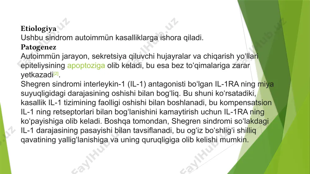 i bilan 1 % suvli glitserin eritmasi boʻlgan plastik pulverizator shishasi ishlatiladi. shegren sindromi bilan karies xavfi ortadi, shuning uchun ehtiyotkorlik bilan stomatologik parvarish kerak. nostreoid yalligʻlanishga qarshi dorilar mushak-skelet tizimining belgilarini davolash uchun ishlatilishi mumkin. jiddiy asoratlari boʻlgan bemorlarga kortikosteroidlar, immunosupressiv dorilar va baʼzan tomir ichiga immunoglobulinlar yuborilishi mumkin. shuningdek, metotreksat, gidroksiklorokin (plakvenil) yordam beradi. prognozi shegren sindromi barqaror holatga oʻtish, bosqichma-bosqich rivojlanish yoki aksincha, uzoq muddatli remissiya bilan muhim organlarga zarar yetkazishi mumkin. bu xatti-harakat boshqa autoimmün kasalliklarga ham xosdir. baʼzi bemorlarda quruq koʻzlar va ogʻizning yengil belgilari boʻlishi mumkin, boshqalari esa jiddiy asoratlarni rivojlantiradi. baʼzi bemorlarga simptomatik davolash toʻliq yordam beradi, boshqalari doimo koʻrishning buzilishi, koʻzlardagi doimiy noqulaylik, ogʻiz boʻshligʻining tez-tez takrorlanadigan infeksiyalari, quloq atrofi soʻlak bezining shishishi, chaynash va yutishda qiyinchiliklar bilan doimo kurashishlari kerak. doimiy kuch yoʻqotish va boʻgim ogʻriqlari hayot sifatini jiddiy ravishda pasaytiradi. baʼzi bemorlarda buyraklar patologik jarayonda ishtirok etadi — glomerulonefrit, proteinuriyaga, …