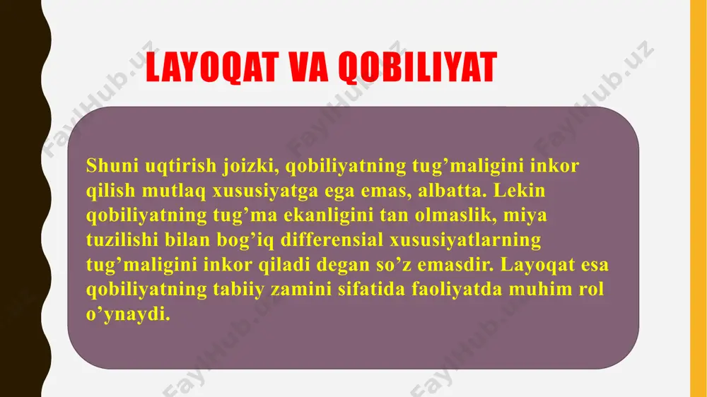 kmasidir. uning yetakchi xususiyati ijodiy tasavvur qilishdir. a.g.kovalyov yordamchi xususiyatlar qatoriga xotirani kiritadi, u faoliyat talablariga muvofiq ravishda o`ziga xos ko`nikishga ega, emosional ya`ni his-tuyg`uga beriluvchanlik xususiyati shaxsning faolligini oshiradi. muallifning ta`kidlashicha, ilmiy mavhumlash qobiliyatning quyidagi darajasini farqlash imkonini beradi, reproduktiv aks ettirish darajasi va ijodiy aks ettirish. o`z qobiliyati rivojlanishining birinchi darajasida turgan shaxs bilimlarni juda mohirlik bilan o`zlashtiradi, faoliyatni o`rganib oladi va uni biror namuna orqali amalga oshiradi. ikkinchi darajada turgan inson esa yangilik yaratishga qodir bo`ladi. psixologiya fanida qobiliyat to`g`risida fikr ketganda uchta konsepsiya mavjudligi ta`kidlanadi. a.g.kovalyov asarida bayon qilinishicha, ulardan biri, qobiliyat shaxsning biologik jihatdan determinlashgan, ya`ni biologik jihatdan bog`langan xususiyatlaridir qobiliyatning ro`yobga chiqishi va rivojlanishi esa tamomila irsiy fondga bog`liq deb tushuntiriladi. f.galton xix asrda f.galton xx asrda kotslar talant irsiydir, faqat imtiyozli tabaqalarning vakillarigina boy irsiy merosga ega bo`ldilar, degan xulosaga keldilar. ikkinchi konsepsiyaning vakillari qobiliyatni butunlay hayot va tarbiyaning ijtimoiy sharoiti belgilaydi, deb …