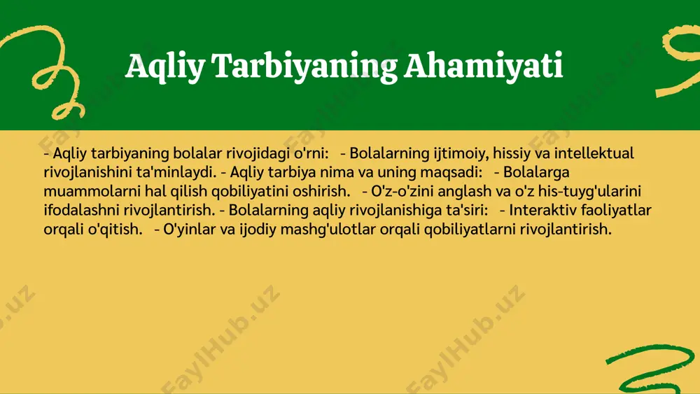 ash ularning rivojlanishiga yordam beradi. ota-onalar bolalarining qiziqishlarini kashf etishga va rivojlantirishga yordam berishlari muhim. ota-onalar uchun tavsiyalar: 1. bolalar bilan birga kitob o'qish. 2. ta'limiy o'yinlar o'ynash. 3. onlayn resurslardan foydalanish, masalan, ta'limiy veb-saytlar. aqliy tarbiyaning ijtimoiy ta'siri - aqliy tarbiyaning jamiyatdagi o'rni bolalarning ijtimoiy hayotga muvaffaqiyatli kirishlarini ta'minlaydi. - bolalar, aqliy rivojlanish orqali ijtimoiy muhitga moslashish qobiliyatini o'zlashtiradilar. - ijtimoiy vaziyatlarda o'z fikrlarini ifoda etish va boshqalar bilan muloqot qilish ko'nikmalarini rivojlantiradilar. - aqliy tarbiya bolalarga ijtimoiy ko'nikmalarni shakllantirishda yordam beradi. - bu ko'nikmalar ularga kelajakda muvaffaqiyatli insonlar bo'lishlariga zamin yaratadi. ilk yoshdagi bolalar uchun aqliy tarbiya ilk yoshdagi bolalarga aqliy tarbiya berishning asosiy usullari quyidagilardir: 1. o'yinlar: aqliy rivojlanishni qo'llab-quvvatlaydigan turli o'yinlar. 2. faoliyatlar: interaktiv faoliyatlar orqali bolalarning qiziqishini oshirish. 3. kreativ vazifalar: tasavvurlarini rivojlantirish uchun ijodiy vazifalar berish. bu usullar bolalarning kognitiv rivojlanishiga ijobiy ta'sir ko'rsatadi. maktabgacha yoshdagi aqliy tarbiya mazmuni - maktabgacha yoshdagi bolalar uchun …