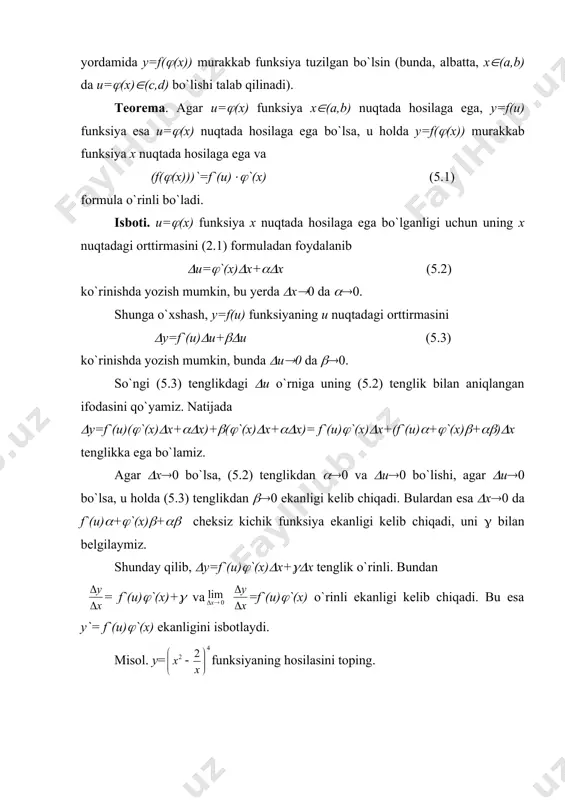 tirmasini (2.1) formuladan foydalanib (u=(`(x)(x+((x (5.2) ko`rinishda yozish mumkin, bu yerda (x(0 da ((0. shunga o`xshash, y=f(u) funksiyaning u nuqtadagi orttirmasini (y=f`(u)(u+((u (5.3) ko`rinishda yozish mumkin, bunda (u(0 da ((0. so`ngi (5.3) tenglikdagi (u o`rniga uning (5.2) tenglik bilan aniqlangan ifodasini qo`yamiz. natijada (y=f`(u)((`(x)(x+((x)+(((`(x)(x+((x)= f`(u)(`(x)(x+(f`(u)(+(`(x)(+(()(x tenglikka ega bo`lamiz. agar (x(0 bo`lsa, (5.2) tenglikdan ((0 va (u(0 bo`lishi, agar (u(0 bo`lsa, u holda (5.3) tenglikdan ((0 ekanligi kelib chiqadi. bulardan esa (x(0 da f`(u)(+(`(x)(+(( cheksiz kichik funksiya ekanligi kelib chiqadi, uni ( bilan belgilaymiz. shunday qilib, (y=f`(u)(`(x)(x+((x tenglik o`rinli. bundan = f`(u)(`(x)+( va =f`(u)(`(x) o`rinli ekanligi kelib chiqadi. bu esa y`= f`(u)(`(x) ekanligini isbotlaydi. misol. y= funksiyaning hosilasini toping. yechish. bu yerda y=u4, u= . demak, y`=(u4)`( `= =4u3 =8 . amalda (5.1) tenglikni yoki yx`=yu`ux` ko`rinishda yozib, quyidagi qoida tarzida ifodalaydi: murakkab funksiyaning erkli o`zgaruvchi bo`yicha hosilasi oraliq o`zgaruvchi bo`yicha olingan hosila va oraliq o`zgaruvchidan erkli o`zgaruvchi bo`yicha olingan hosilalar …