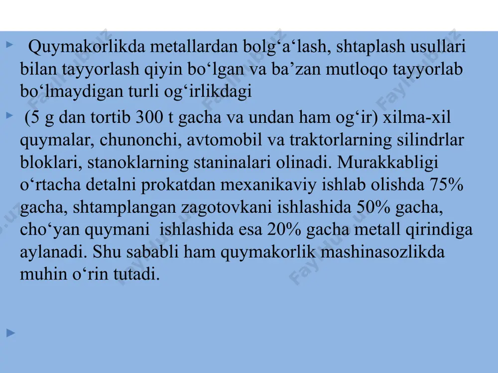 all qo‘ymalarini olishda qoliplardan foydalaniladi. qoliplar qo‘yidagi turlarga bo‘linadi: bir martalik qoliplar, bunday qoliplar, asosan, qum va gilni suv bilan qorishtirib tayyorlanadi; muvaqqat qoliplar. bunday qoliplar yuqori haroratga chidamli materiallarni (shamot, magnezit, qum, asbest va boshqalarni) gil bilan qorishtirib tayyorlanadi; v) doimiy qoilplar. bunday qoliplar, asosan, cho‘yan va po‘latdan (bazan mis va alyuminiy qotishmalaridan) tayyorlanadi. shuningdek, qoliplar unga metall quyishdagi holatiga ko‘ra nam va quruq xillarga bo‘linadi: nam qoliplar. bu qoliplardan foydalanish quyma olish siklini qisqartirib, narxini arzonlashtiradi. lekin qoliplar nam bo‘lgani tufayli zich va puxtalikka ega bo‘lmaydi. quruq qoliplar. quritilgan qoliplar puxta bo‘lib, quymani g‘ovaklik va boshqa nuqsonlardan xoli qiladi. qolip va stejinlarni tayyorlashda quyidagi materiallardan foydalaniladi: qolip qumi. bu qum tog‘ jinsi bo‘lib, tarkibi tabiiy kvars, gil va boshqa birikmalar zarralari aralashmasidan iborat. qumlar daryo, ko‘l, ariq va tog‘ qumlariga bo‘linadi. qumlar tarkibiga ko‘ra kvarsli va gilli qumlarga ajratiladi. kvars qumi tarkibida gilli moddalar 2% gacha, gilli qumlarda …