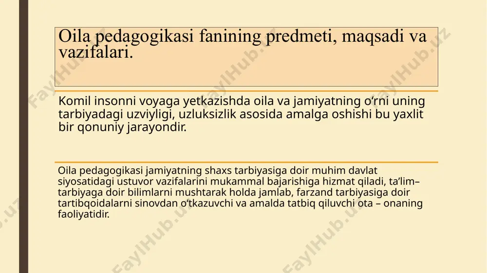 dir. uning ilk tarbiyachilari, albatta, ota-onasidir. oila pedagogikasining ilmiy-tadqiqot metodlari: ilmiy tadqiqot metodlari tadqiqotchilar tomonidan ko‘proq oilaviy muammolarni hal qilish maqsadida olib boriladi. oilaviy muammolarni o‘rganish uchun dastlab manbalarga murojat etiladi. shu jihatdan dastlabki metod: adabiyotlarni o‘rganish metodi. oila pedagogikaiga doir adabiyotlarni o‘rganish jarayonida milliy va umuminsoniy qadriyatlarni aks ettiruvchi, mutafakkir va ma’rifatparvar pedagogik olimlarning asarlari, mustaqil o‘zbekistonning iqtisodiy, siyosiy va ma’naviyatiga doir adabiyotlar, risola va maqolalar, pedagogik, psixologik, badiiy va ommaviy adabiyotlarni o‘rganish. kuzatish metodi. kuzatish adabiyotlarni o‘rganishdan keyin boshlanadi. kuzatishda ota – onaning biror maqsadini ko‘zda tutib tashkil etiladi. kuzatish rejalashtiriladi, uning dasturi tuziladi. bunda kuzatish tezligi, soni, manzili, vaqti, vaziyatni kuzatish, materiallarni qayd qilish muddati belgilanadi. kuzatish muddatiga ko‘ra ikki turga ajraladi: qisqa va uzoq muddatli kuzatish, qisqa kuzatish ob’ektning kundalik faoliyatidagi o‘zgarishlardan ma’lum xulosaga kelish. uzoq muddatli kuzatish - qo‘yilgan maqsad, reja va dastur asosida olib borilib, ma’lum ilmiy, yakuniy xulosaga kelinadi. kuzatishning yakunini qayd qilishda …