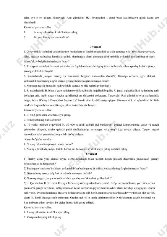 i jinoyat qonunchiligi asosida huquqiy tahlil qiling? 5-variant 1. yer, yer osti boyliklaridan foydalanish shartlarini yoki ularni muhofaza qilish talablarini buzish jinoyati kvalifikatsiya belgilari nimalardan iborat? 2. harbiy mansabdorlik jinoyatlari qanday turlarga boʼlinadi? 3. giyovandlik vositalari yoki psixotrop moddalarni oʼtkazish maqsadini koʼzlab qonunga xilof ravishda tayyorlash, olish, saqlash va boshqa harakatlar qilish, shuningdek ularni qonunga xilof ravishda oʼtkazish jinoyatining obyektiv va subyektiv belgilari nimalardan iborat? 4. urushni targ‘ib qilish deganda nima tushuniladi? 5. oliy harbiy bilim yurtini tugatgan, millati qozoq bo‘lgan sh. kasalligi sababli harbiy qismdan ishdan bo‘shatilgan. sh. sog‘ayganidan so‘ng qozog‘iston respublikasiga doimiy yashash uchun oilasi bilan birga ko‘chib ketgan va keyinchalik u yerda harbiy xizmatga ishga kirgan. o‘zbekiston respublikasida unga nisbatan jk 1541 – moddasi bilan jinoyati ishi qo‘zg‘atilgan. kazus bo‘yicha savollar: 1. sh. ning qilmishida jk 1541 – moddasida ko‘rsatilgan jinoyat tarkibi mavjudmi?. 2. vaziyatni jinoyat qonuni asosida huquqiy tahlil qiling. 6. 17 yoshli maktab oʼquvchisi n. …
