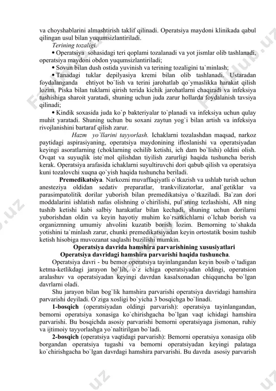 nge sinamasi: bemor chuqur nafas olgandan keyin nafasni ushlab turadi. 40 sek. davomida ushlab turish imkoniyati nafas tizimining narkoz o`tkazish uchun anchagina rezerv imkoniyati borligidan guvohlik beradi. agar nafasni ushlab turish vaqti 20 sek. va undan kam bo`lsa, bu nafas tizimida yetishmovchilik borligi va umumiy og`riqsizlantirish imkoni yo`qligidan darak beradi. operatsiya va narkoz berish vaqtida hamda operatsiyadan keyingi ilk davrda yuzaga keladigan asoratlarning oldini olish maqsadida bunday bemorlar davolash chora-tadbirlari va profilaktik tayyorlashga muhtoj bo`ladilar. zarur bo`lganda o`pkaning rentgen tekshirishi o`tkaziladi. ko`rsatma bo`lganda tekshirishlar oddiy yoki komp`yuterli tomogramma hamda utt bilan to`ldiriladi. bu usullar operatsiyadan oldin nafas a`zolari haqida to`liq ma`lumot olishga imkon beradi. hazm tizimini baholashda dastlab og`iz bo`shlig`i ko`zdan kechiriladi. kariesli tishlar, gingivit va stomatit aniqlanganda to`liq davolash va sanasiyasi o`tkaziladi. me`da va 12-barmoq ichak kasalliklariga shubxa tug`ilganda bemorlar zondlanadi. u me`da shirasi xususiyatini baholashga imkon beradi. duodenal zondlash na faqat 12-barmoq ichak tarkibini, balki o`t suyuqligi ajralish …