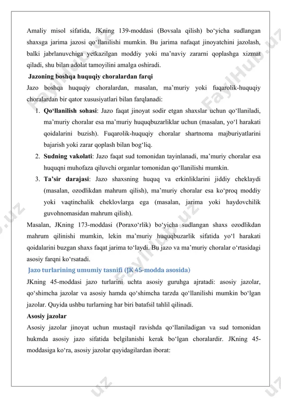 lekin ma’muriy huquqbuzarlik sifatida yo‘l harakati qoidalarini buzgan shaxs faqat jarima to‘laydi. bu jazo va ma’muriy choralar o‘rtasidagi asosiy farqni ko‘rsatadi. jazo turlarining umumiy tasnifi (jk 45-modda asosida) jkning 45-moddasi jazo turlarini uchta asosiy guruhga ajratadi: asosiy jazolar, qo‘shimcha jazolar va asosiy hamda qo‘shimcha tarzda qo‘llanilishi mumkin bo‘lgan jazolar. quyida ushbu turlarning har biri batafsil tahlil qilinadi. asosiy jazolar asosiy jazolar jinoyat uchun mustaqil ravishda qo‘llaniladigan va sud tomonidan hukmda asosiy jazo sifatida belgilanishi kerak bo‘lgan choralardir. jkning 45-moddasiga ko‘ra, asosiy jazolar quyidagilardan iborat: 1. ozodlikdan mahrum qilish: bu jazo shaxsning erkinligini ma’lum muddatga cheklashni anglatadi va eng og‘ir jazolar qatoriga kiradi. masalan, jkning 125-moddasi (odam o‘g‘irlash) bo‘yicha 7 yildan 12 yilgacha ozodlikdan mahrum qilish jazosi tayinlanishi mumkin. 2. ozodlikni cheklash: bu jazo shaxsning ma’lum hududda yashash yoki harakatlanish huquqini cheklaydi, lekin u jazo muddatini o‘z uyida yoki belgilangan joyda o‘taydi. masalan, jkning 141-moddasi (diniy tashkilotlar faoliyatini taqiqlash) bo‘yicha ozodlikni …