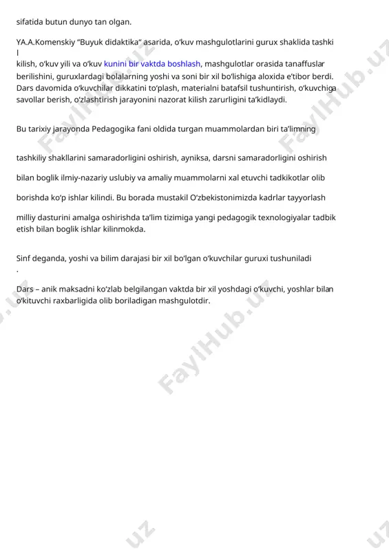 rga foydalanish, operativ qayta aloqani ta`minlash, amaliy nazorat va boshqaruvni amalga oshirish, ilmiy mo’ljal va darsni mahorat bilan o’tkazishni ta`minlash kabilar kiradi. darsga nisbatan qo’yiladigan tarbivaviy talablar o’quv materialining tarbiyaviy imkoniyatlarini aniqlash, darsdagi faoliyat, aniq erishilishi mumkin bo’lgan tarbiyaviy maqsadlarni shakllantirish va qo’yish, faqat o’quv ishlari maqsadlari va mazmunidan tabiiy ravishda kelib chiqadigan tarbiyaviymasalalarni belgilash, o’quvchilarni umuminsoniy qadriyatlarda tarbiyalash, hayotiy muhim sifatlar (tirishqoqlik, tartiblilik, maspuliyatlilik, intizomlilik, mustaqillik, ish bajarishga qobiliyatlilik, e’tiborlilik, halollik va boshqalar)ni shakllantirish, o’quvchilarga diqqat- e’tiborli munosabatda bo’lib, pedagogik odob talablariga amal qilish, o’quvchilar bilan hamkorlik va ularning muvaffaqiyat qozonishlaridan manfaatdor bo’lishdan iborat. 103. ta’lim shakllarining tarixan paydo bo‘lishi nechanchi asrga borib taqaladi. (t.i.:individual shakli, individual-guruhli, qator sinflar shakli, sinf-dars, dalton ish rejasi, tramp rejasi). ta’limni tashkil etish shakllari deganda, anik muddatda va tartibda o‘kituvchining o‘kuvchilar bilan olib boradigan mashgulot turlarini tushunamiz. xozirgi kunda, umumta’lim maktablarida ta’limni sinf-dars shaklida olib borish keng tarkalgan . insoniyat tarixiga nazar tashlar …