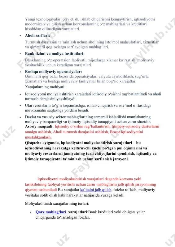sion faoliyati, mijozlarga xizmat koʻrsatish, moliyaviy vositachilik uchun ketadigan xarajatlari. · boshqa moliyaviy operatsiyalar: qimmatli qogʻozlar bozorida operatsiyalar, valyuta ayirboshlash, sugʻurta xizmatlari va boshqa moliyaviy faoliyatlar bilan bogʻliq xarajatlar. xarajatlarning mohiyati: · iqtisodiyotni moliyalashtirish xarajatlari iqtisodiy oʻsishni ragʻbatlantiradi va aholi turmush darajasini yaxshilaydi. · ular resurslarni toʻgʻri taqsimlashga, ishlab chiqarish va isteʼmol oʻrtasidagi muvozanatni saqlashga yordam beradi. · davlat va xususiy sektor mablagʻlarining samarali ishlatilishi mamlakatning moliyaviy barqarorligi va ijtimoiy-iqtisodiy taraqqiyoti uchun zarur shartdir. asosiy maqsadi: iqtisodiy oʻsishni ragʻbatlantirish, ijtimoiy-iqtisodiy dasturlarni amalga oshirish, aholi turmush darajasini oshirish, bozor iqtisodiyotini mustahkamlash. qisqacha aytganda, iqtisodiyotni moliyalashtirish xarajatlari – bu iqtisodiyotning harakatga keltiruvchi kuchi boʻlgan pul oqimlarini va moliyaviy resurslarni jamiyatning turli ehtiyojlarini qondirish, iqtisodiy va ijtimoiy taraqqiyotni taʼminlash uchun sarflanish jarayoni. . iqtisodiyotni moliyalashtirish xarajatlari deganda korxona yoki tashkilotning faoliyat yuritishi uchun zarur mablag'larni jalb qilish jarayonining qiymati tushuniladi bu xarajatlar ka’italni jalb qilish, foizlar toʻlash, moliyaviy vositalar sotib olish kabi harakatlar …