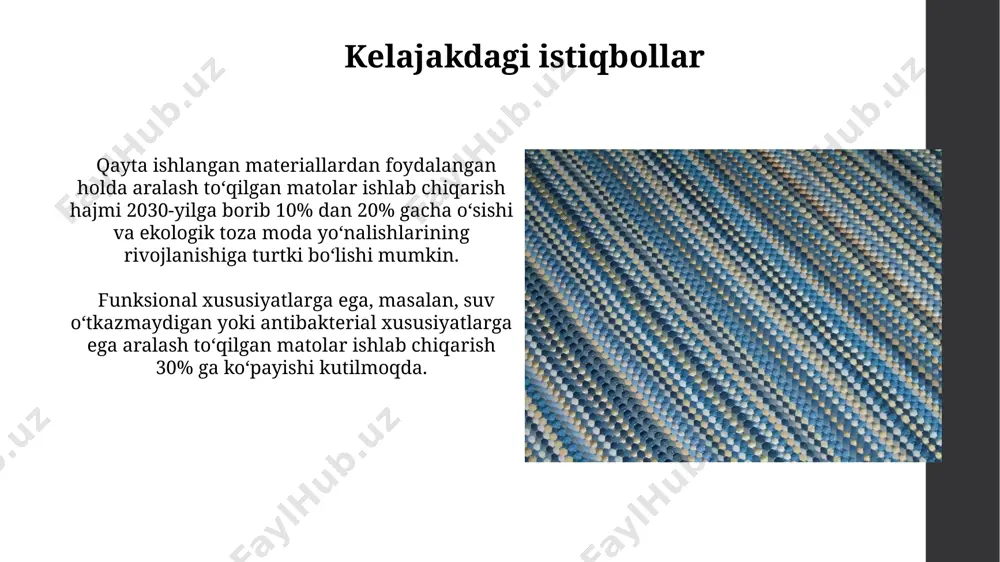 iroq mustahkamlikka ega bo'lib, 15% kamroq cho'ziluvchanlikni namoyon qiladi, bu esa ularni kiyim-kechakda ishlatish uchun ideal variant qiladi. viskozali aralashmalarning 40% gacha yumshoqligi va 25% gacha past narxi afzalliklari mavjud, ammo ularning chidamliligi 15% ga past bo'lishi mumkin. zamonaviy trendlar va yangiliklar aralash toʻqilgan matolarning zamonaviy trendlari orasida 30%dan ortiq tabiiy tolalar (paxta, jun) qoʻshilgan ekologik toza variantlarning mashhurligi kuzatilmoqda. yangi texnologiyalar yordamida 50% gacha oʻzgaruvchan zichlikka ega aralash toʻqimalar yaratilmoqda, bu esa kiyimlarga noyob tekstura va funksiyalarni beradi. to'qish texnologiyalari interlooping texnologiyasi yordamida 5 dan ortiq turdagi ipni bir vaqtda ishlatib, noyob rangli va teksturali effektlarga ega bo'lgan aralash to'qimalar yaratish mumkin, bu esa dizayn imkoniyatlarini kengaytiradi. to'qish jarayonida 2/2 twill bog'lanish sxemasi kabi murakkab naqshlarni qo'llash, matoning zichligi va mustahkamligini sezilarli darajada oshiradi, bu esa 30% gacha aşınmaya chidamliligini yaxshilaydi. matoning xossalari va afzalliklari aralash toʻqimalarning zichligi 200 dan 400 g/m² gacha oʻzgarib, mahsulotning ogʻirligi va issiqlik saqlash …