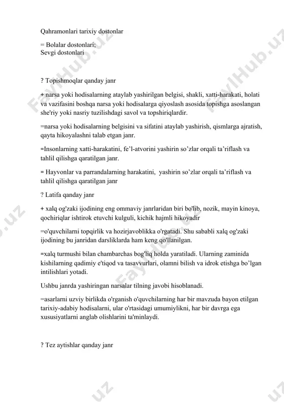 hga qaratilgan so’zlar orqali aks etadigan janr. =to’g’ri gapirish malakasini shakllantiradigan, tarkibidagi muallif gaplarini ajratishga o’rgatadigan badiiy asar janri. =bolalar hayoti va ijodi haqidagi, kichik hajmli, mavhum ma’noli so’zlardan tuzilgan badiiy janr. ? sinfdan tashqari o’qishning maqsadi nima? + o’qish malakalarini takomillashtirish kitob tanlay oladigan, muntazam kitob o’qiydigan, o’qilgan kitobni to’g’ri baholay oladigan ongli kitobxonni tarbiyalash = kitob tanlay oladigan, muntazam kitob o’qiydigan, o’qilgan kitobni to’g’ri baholay oladigan ongli kitobxonni tarbiyalash = o’qilgan kitobni to’g’ri baholay oladigan ongli kitobxonni tarbiyalash = adabiy jarayon haqida ma’lumot berish ? nazariy tekshirish metodi nimalarga tadbiq etiladi? + izlanishning asosiy yo’nalishini belgilash, masala tarixini o’rganish, o’zaro bog’liq fanlar tekshirish metodlarini o’rganish, amaliy yo’l bilan olingan materiallarni analiz qilish va umumlashtirish uchun = o’qituvchilarning ish tajribasini o’rganish va ommalashtirish uchun = yangi dastur va darsliklarning muvofiqligini tekshirishga, uning qay darajada foydaliligini aniqlash uchun = tajriba jarayonida to’plangan metodlarni ilmiy o’rganish uchun ? eksperiment o’z vazifasiga …