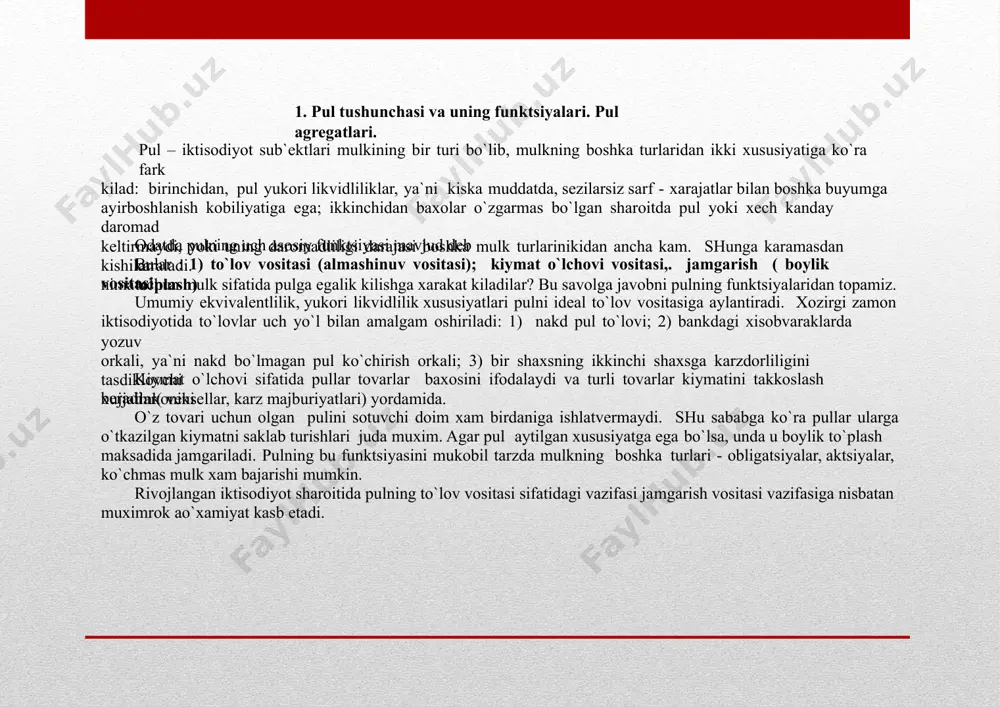 in. rivojlangan iktisodiyot sharoitida pulning to`lov vositasi sifatidagi vazifasi jamgarish vositasi vazifasiga nisbatan muximrok ao`xamiyat kasb etadi. pulning yukori likvidliligi va kiymatni saklab turishi xususiyatlar barcha turdagi to`lov vositalarida bir xil emas. nakd pullar va muddatsiz depozitlarning likvidliligi djarajasi muddatli depozitlarga yoki veksellarga karaganda yukorirok. shu sababli pul massasi likvidlilik darajasining pasayib borishi tamoyiliga asoslangan agregatlarga bo`linadi. rivojlangan mamlakatlarda pul massasini aniklashda-m1; m2; m3; m4 deb belgilanadigan pul agregatlaridan foydalaniladi. pul agregatlarining tarkibi va mikdori turli mamlakatlarda o`zaro fark kilish mumkin. kuyida umumlashtirib olingan pul agregatlari tarkibini keltiramiz: “m0-bank tizimidan tashkaridagi nakd pullar va tijorat banklarining markaziy bankdagi rezervlari; m1=m0 +muddatsiz depozitlar, yo`l cheklari va boshkalar; m2 =m1+(mikdorivamuddati cheklangan)muddatli depozitlar va boshkalar ; m3 = m2+(mikdori va muddati cheklanmagan) muddatli depozitlar va boshkalar”* makroiktisodiy taxlilda m1va m2pul agregatlari eng ko`p foydalaniladi. pul agregatlarining dinamikasi turli sabablarga boglik. masalan, daromadlarning oshishi natijasida m1ga talab tezrok o`ssa, foiz stavkasining o`sishi natijasida m2va …