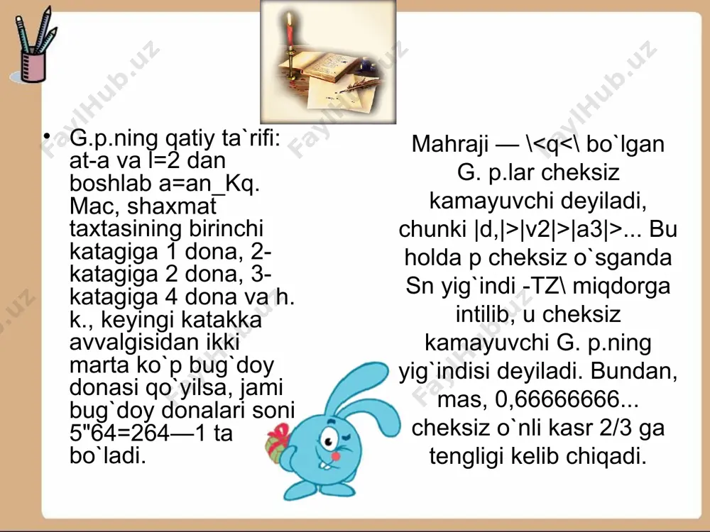 baravardan o'tqazildi. bunda o'rik o'tqazilgan qator olma o'tqazilgan qatordan 5 ta ko'p bo'ladi. o'rik, olma o'tqazilgan qatorlar alohida nechtadan bo'ladi? olma 10 qator va o'rik 15 qator bo'lishi mumkin. hosil qilingan natija bilan masala shartlarini taqqoslash usuli. bu usulning mohiyati, topilgan natija masala matniga kiritiladi va mulohazalar asosida bunda ziddiyat vujudga kelish-kelmasligi aniqlanadi. 2- masala. o'tqazish uchun 600 tup o'rik va 400 tup olma ko'chatlari keltirildi. ular qatorlarga baravardan o'tqazildi. bunda o'rik o'tqazilgan qator olma o'tqazilgan qatordan 5 ta ko'p bo'ladi. o'rik, olma o'tqazilgan qatorlar alohida nechtadan bo'ladi? olma 10 qator va o'rik 15 qator bo'lishi mumkin.