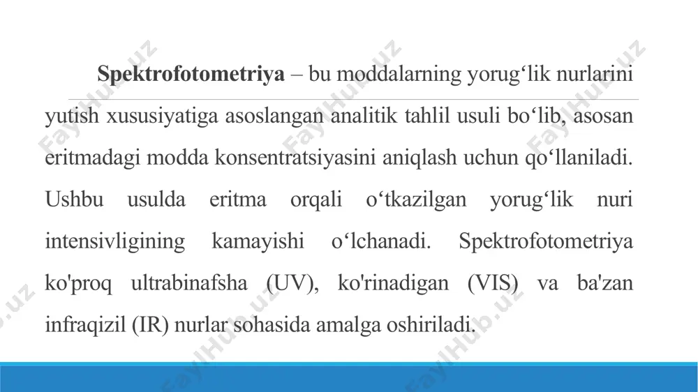 ga. ular turli sharoitlarda stabillashishi mumkin, ammo ko'plab ionli yoki molekulyar komplekslar hosil bo'lishi bilan bu ionlarning stabiliykasi sezilarli darajada o'zgaradi. 1. fe³⁺ ionini aniqlashda eng keng tarqalgan reagentlardan biri kaliy tiosianat (kscn) hisoblanadi. kaliy tiosianat bilan fe³⁺ ioni reaksiyaga kirishganda qizil rangli kompleks hosil bo‘ladi: fe³⁺ + scn⁻ → [fe (scn)]²⁺ 1-rasm: kfk-2 о‘lchov vositasining tashqi kо‘rinishi. 1 - nurfiltrini tanlash uchun dastak; 2 - kyuvetalarni tanlash uchun dastak; 3 - о‘lchov vositasining sezgirligini tо‘g‘rilash uchun buragich; 4 – mikroampermetr yuqoridagi shkala yordamida nuryutilish koeffitsiyenti aniqlanadi ( 0 dan 100% gacha), pastkisi – eritmaning optik zichligi ( 0 dan 1,5 gacha); 5 - mikroampermetr buragichi “grubo”- 100 yoki nolga tо‘g‘rilash; 6 - mikroampermetr buragichi e’tiboringiz uchun rahmat image1.png image2.png image3.png /docprops/thumbnail.jpeg